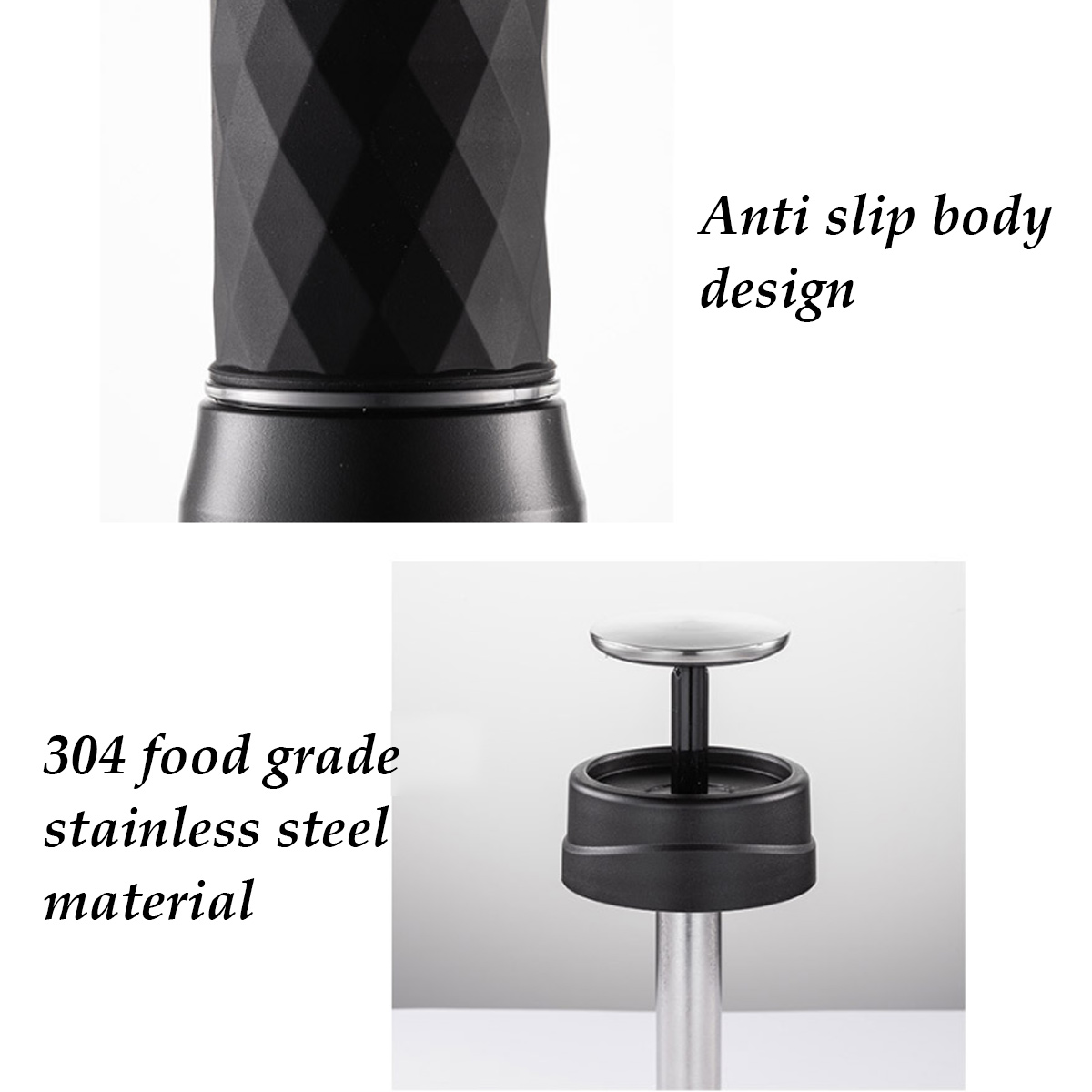 Das Bild zeigt Abschnitte eines schwarzen und silbernen Küchenwerkzeugs. Es enthält den Text 'Anti-Rutsch-Design' und '304 Edelstahl'.