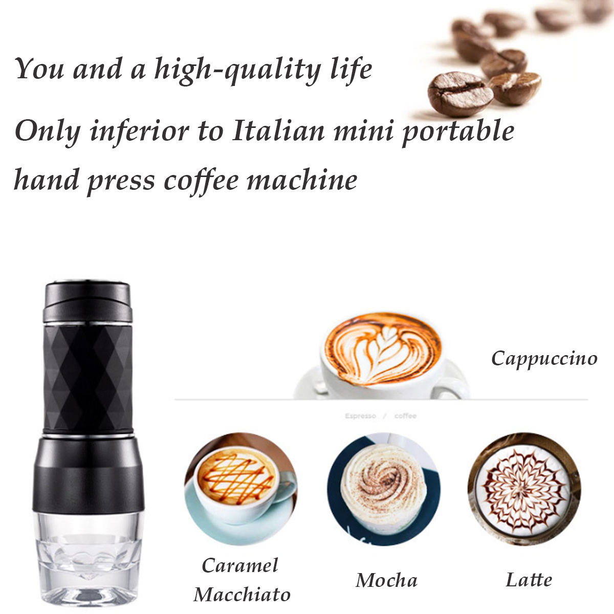 Das Bild zeigt eine schwarze Kaffeemaschine, Kaffeebohnen und Kaffeetassen: Cappuccino, Caramel Macchiato, Mokka und Latte.