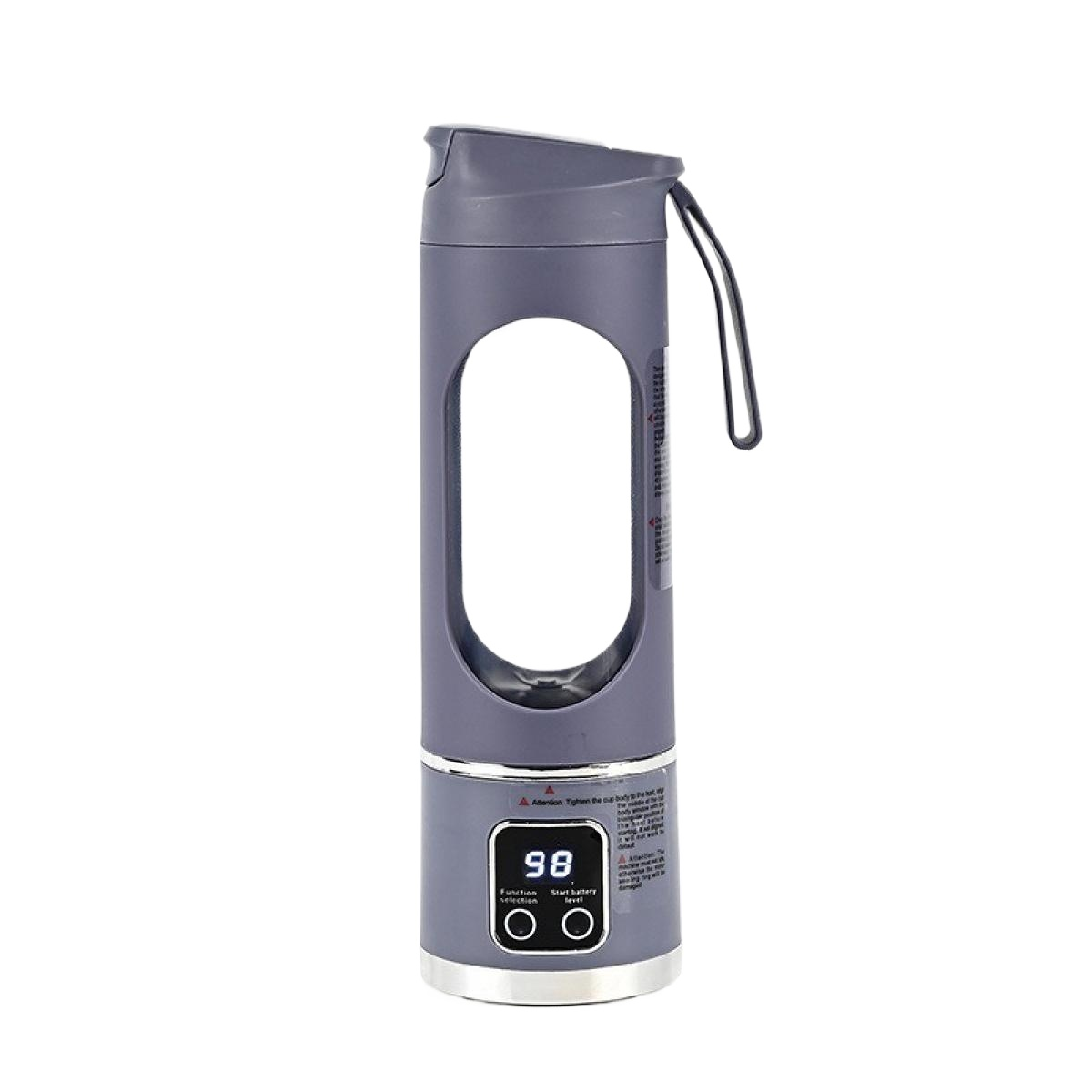 Eine graue Wasserflasche mit Digitalanzeige 98. Sie hat einen Griff und ein klares Fenster.