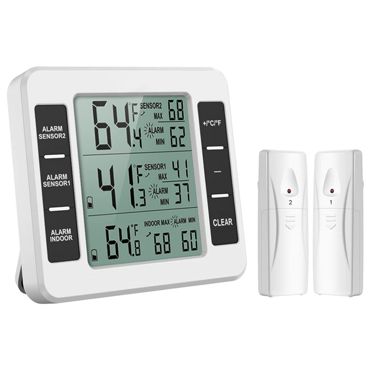 Ein weißes digitales Thermometer zeigt Temperaturmesswerte an. Rechts befinden sich zwei weiße Sensoren. Knöpfe und Zahlen sind auf dem Bildschirm.