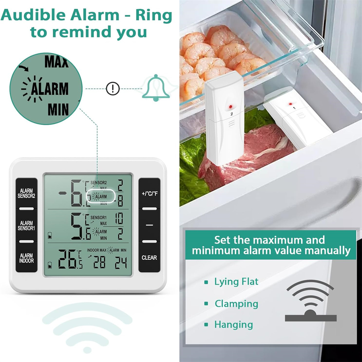 Ein digitales Lebensmitteltemperaturmessgerät mit Sensoren im Kühlschrank. Das Display zeigt Temperaturen an. Garnelen und Fleisch sind im Kühlschrank.