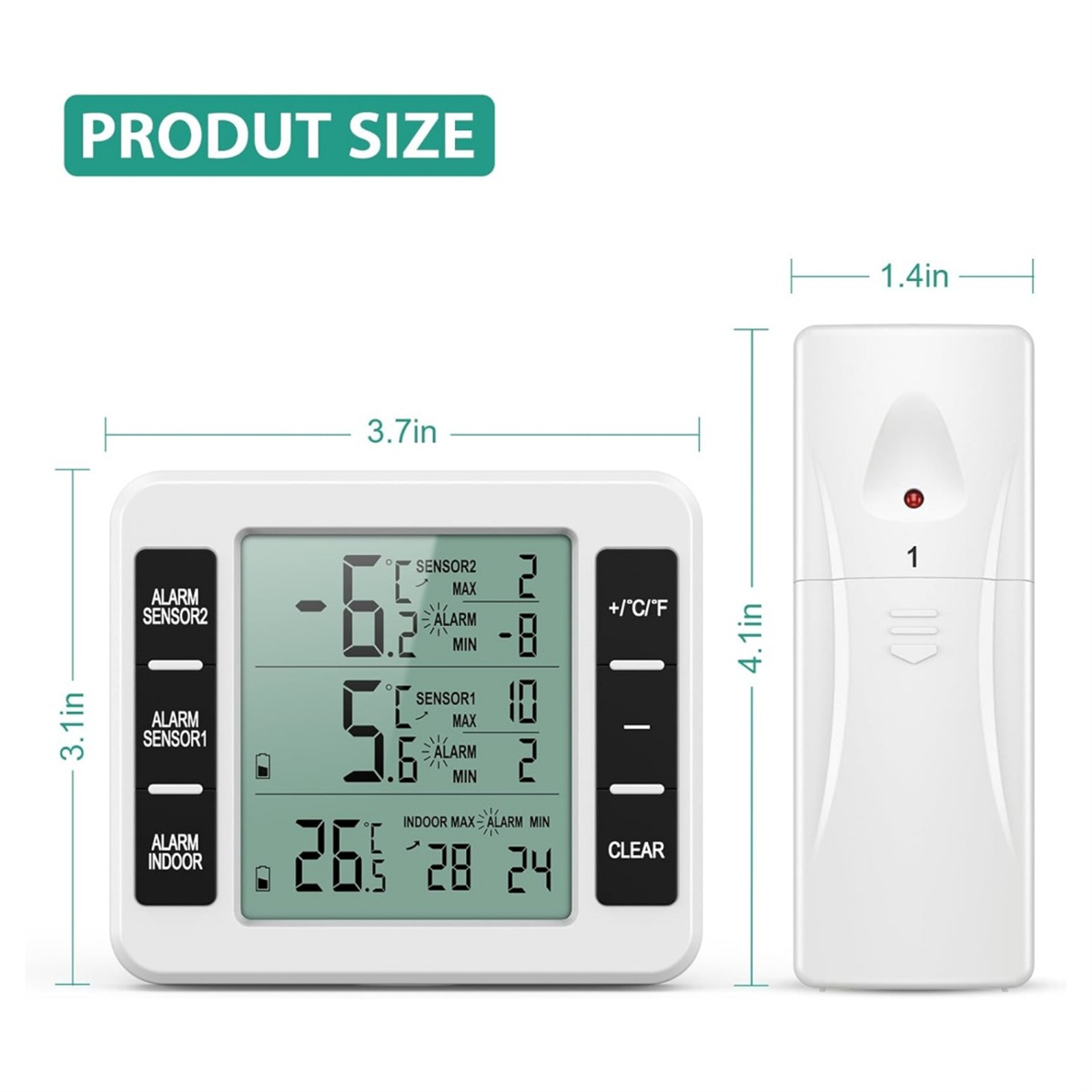 Ein weißes digitales Thermometer mit Display, das Temperaturwerte, Knöpfe und eine separate Sensoreinheit anzeigt.