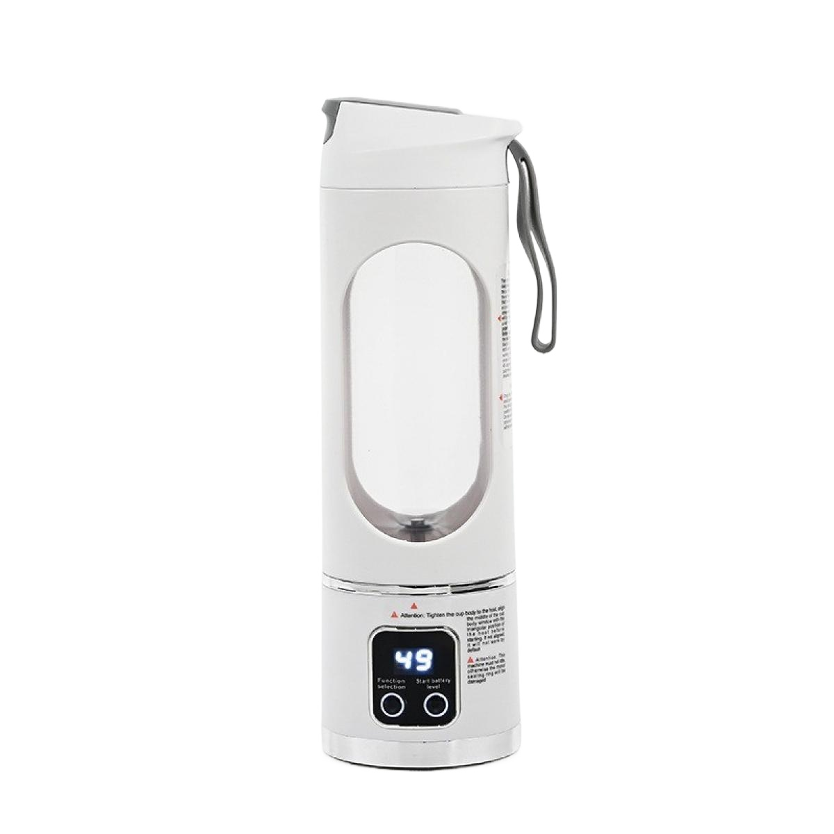 Eine weiße und klare Wasserflasche mit digitaler Anzeige '49'. Sie hat einen grauen Griff und einen weißen Deckel.