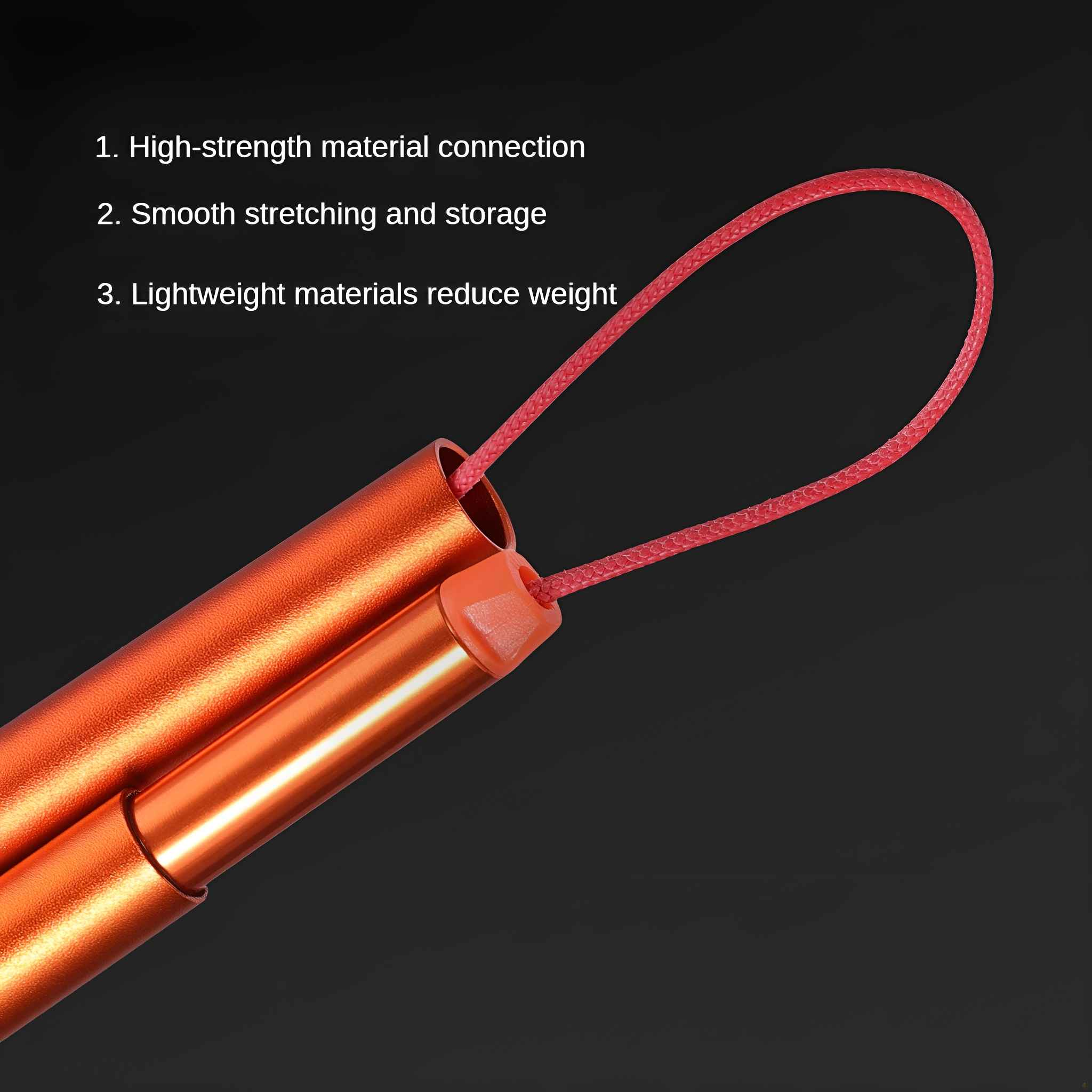 Ein orangefarbenes Metallrohr und ein rotes Seil vor dunklem Hintergrund. Das Seil ist durch das Rohr geschlungen.