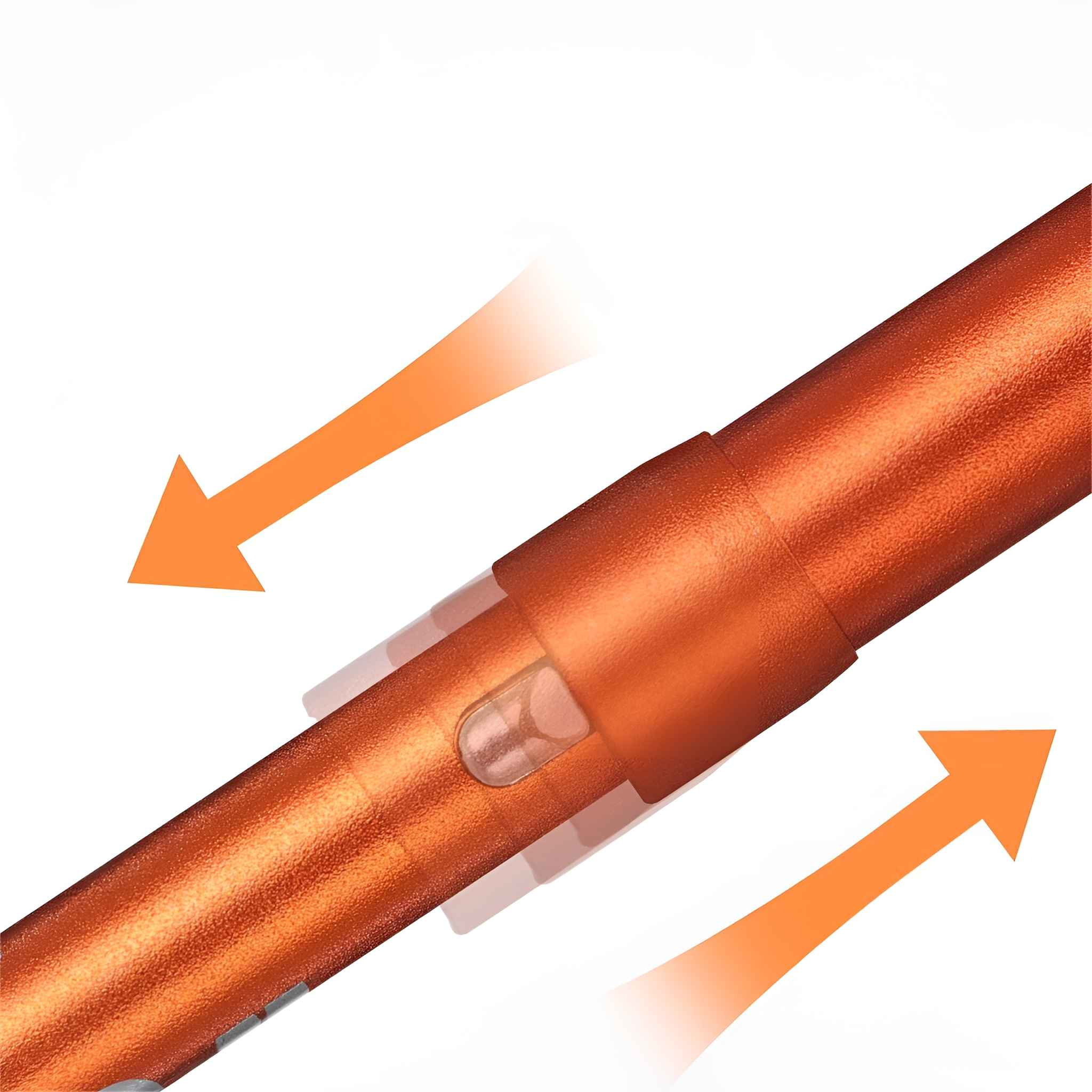 Ein orangefarbenes, strukturiertes Metallobjekt mit Bewegungspfeilen und einem kleinen, klaren Kunststoffbauteil.
