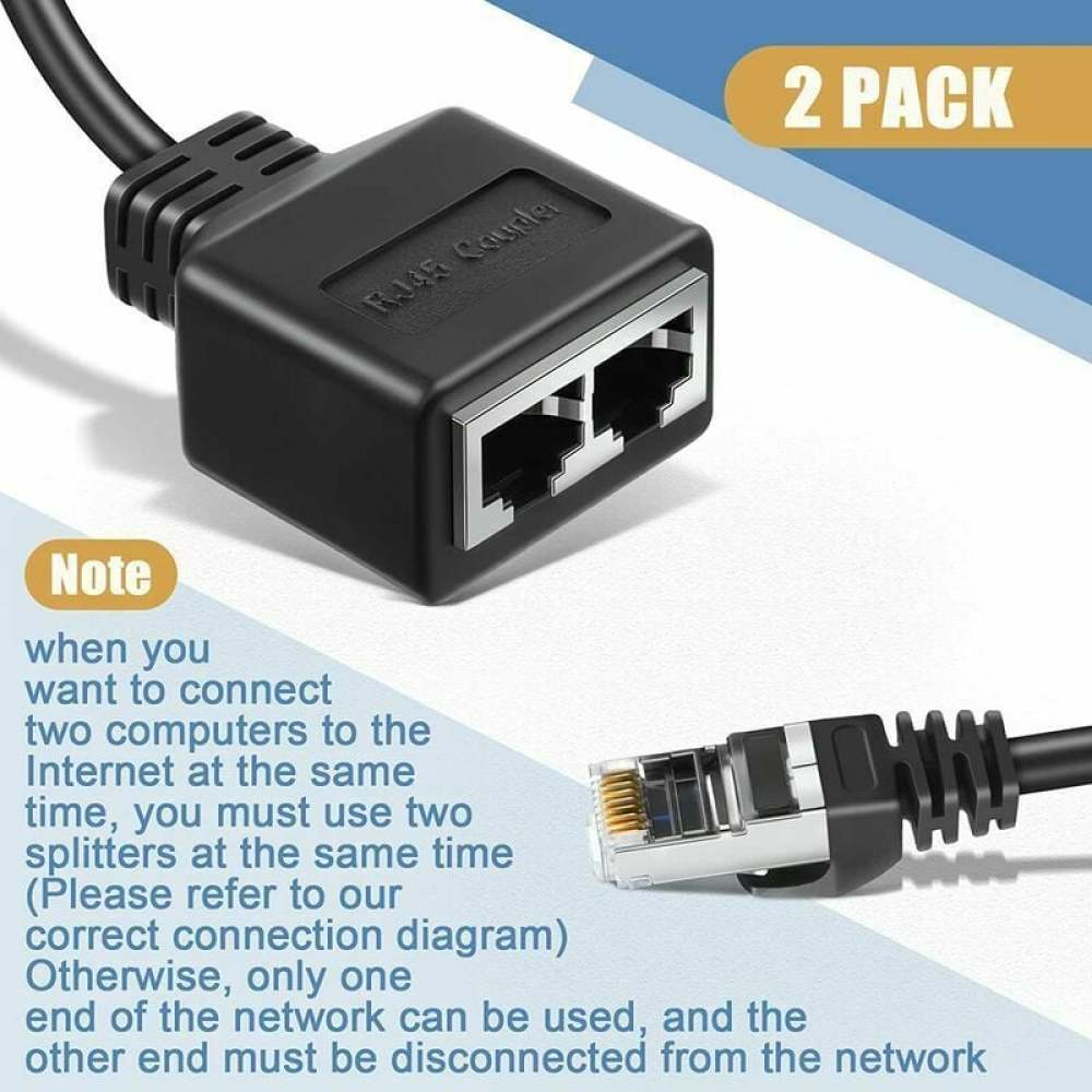 Schwarzer RJ45-Koppler mit zwei Anschlüssen. Enthält ein Netzwerkkabel und ein Etikett '2 PACK'. Anweisungen sind ebenfalls enthalten.