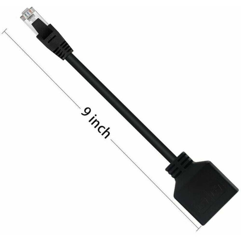 Schwarzes Ethernet-Kabel mit 9-Zoll-Messung. Es hat Anschlüsse an beiden Enden, einen rechteckigen und einen quadratischen.