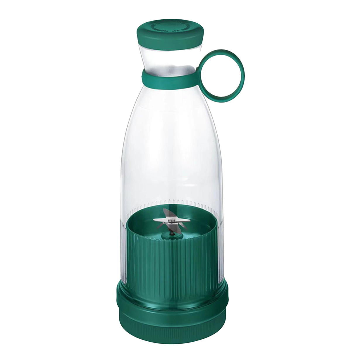 Ein grüner und klarer tragbarer Mixer. Er hat einen grünen Boden, eine Klinge und einen Deckel. Der Griff ist grün. Der Behälter ist durchsichtig.