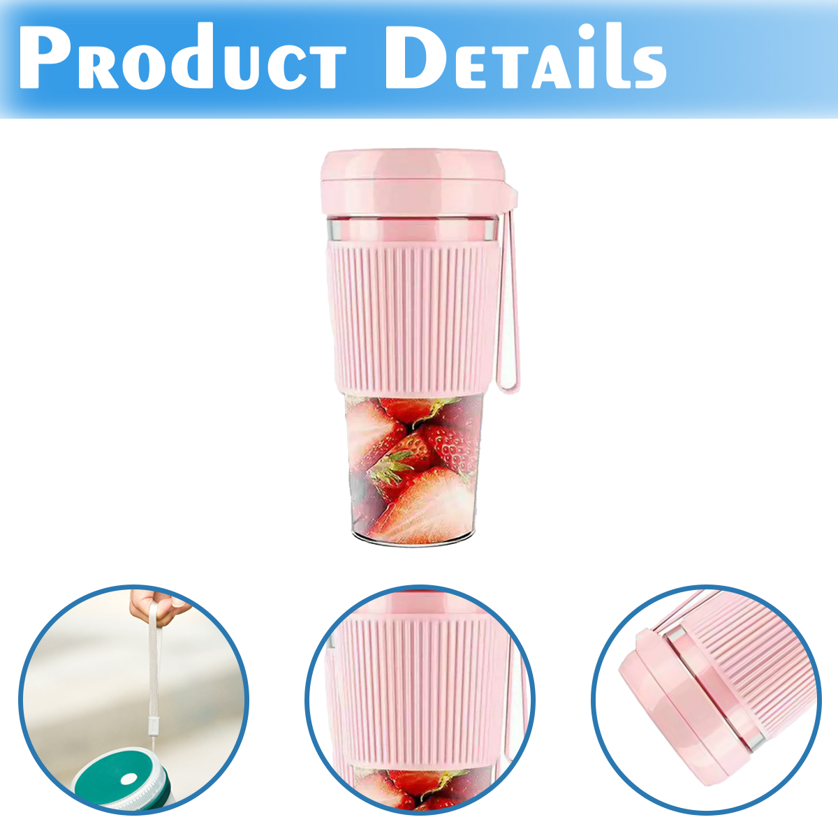 Ein rosa Mixer mit Erdbeeren gefüllt. Er hat einen Griff und ist von drei Detailbildern umgeben, einschließlich einer Hand, die einen Riemen hält.