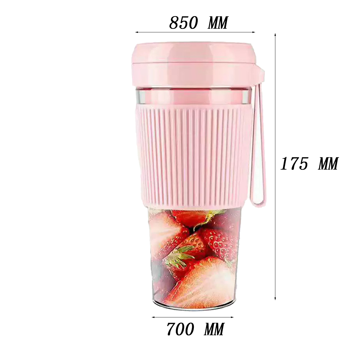Ein pinker Mixer mit Erdbeeren im Inneren. Maße sind 850 mm breit, 175 mm hoch und 700 mm Durchmesser. Inklusive Griff.