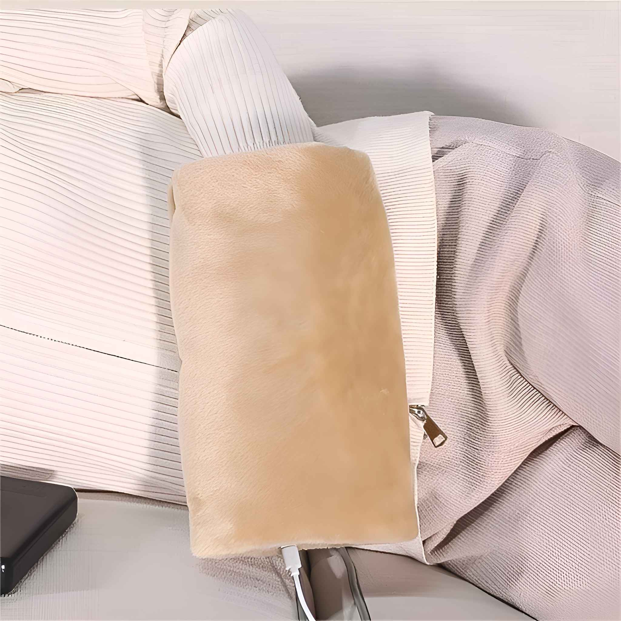 Ein beigefarbener, pelziger Handwärmer mit Reißverschluss und USB-Kabel liegt auf einer beigefarbenen Oberfläche. Kleidung mit Linien ist sichtbar.