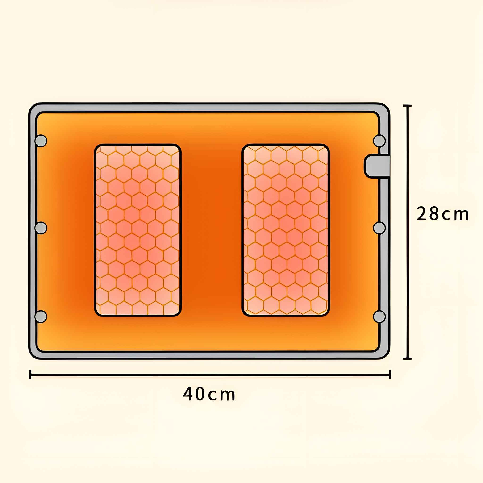Ein orangefarbenes Heizkissen mit zwei rechteckigen Abschnitten mit Wabenmuster. Abmessungen sind 40x28 cm. Silberner Rahmen mit Knöpfen.