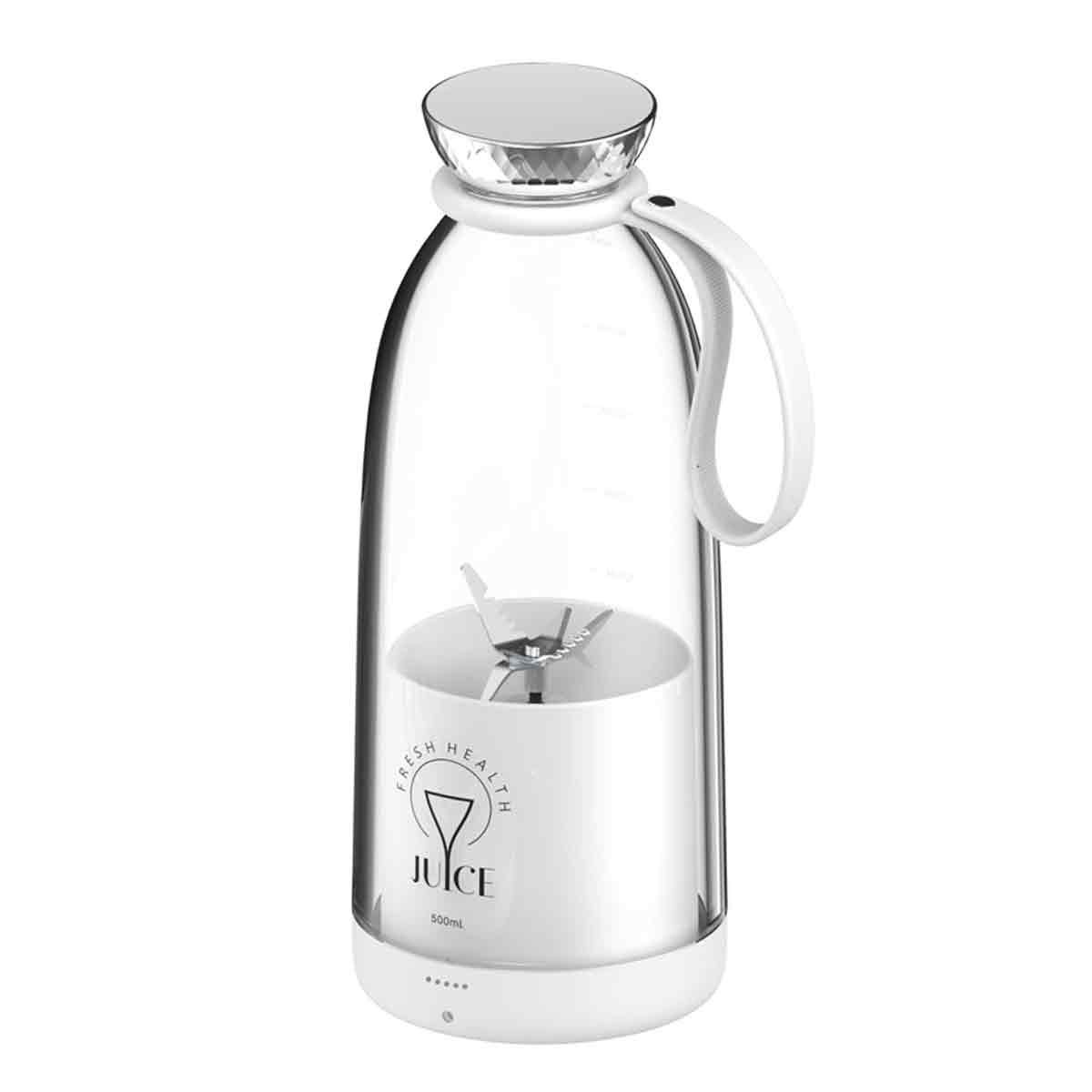 Ein weißer und klarer tragbarer Mixer. Er hat einen weißen Sockel, eine klare Flasche und einen weißen Griff. Der Mixer hat einen silbernen Deckel.