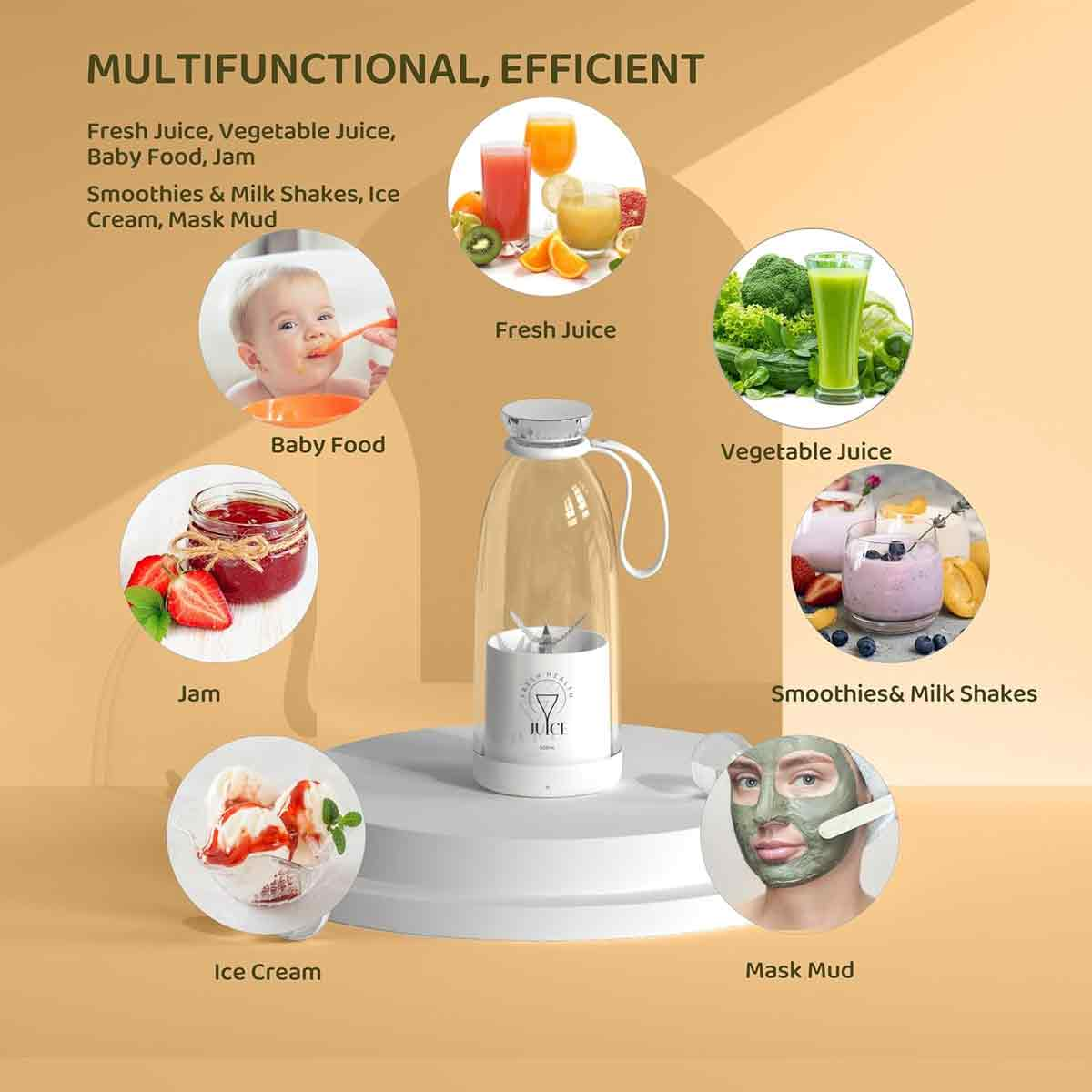 Ein Mixer steht auf einem Ständer, umgeben von Bildern von Saft, Babynahrung, Marmelade, Smoothies, Eiscreme und einer Gesichtsmaske.
