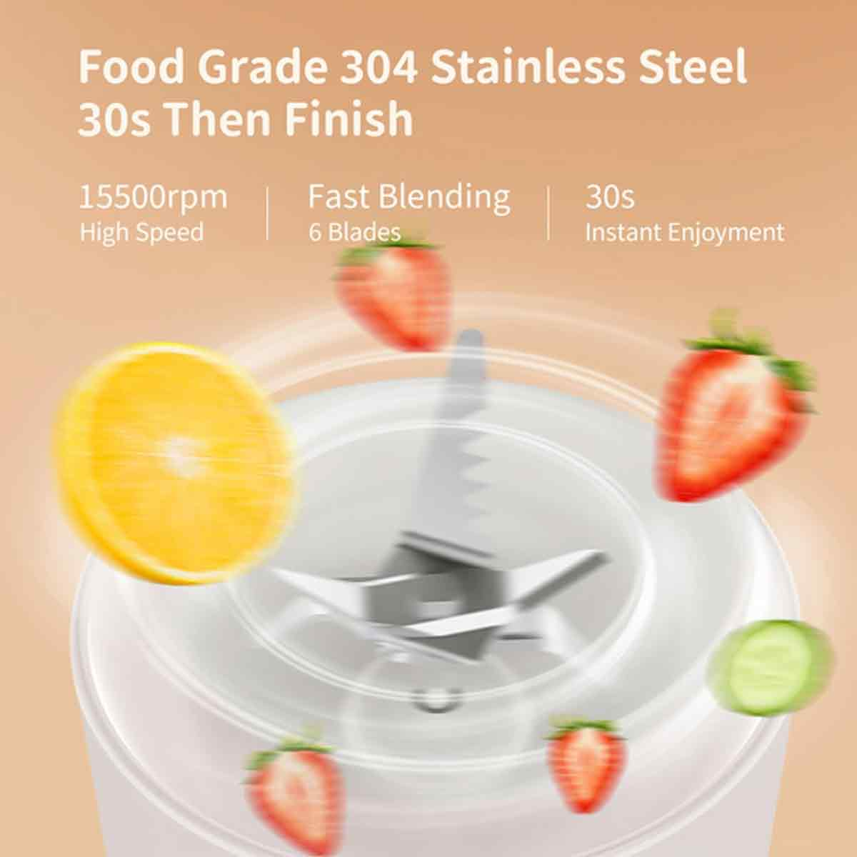 Ein Mixer mit Erdbeeren, Orangenscheiben und einer Gurke. Text sagt 'Food Grade Stainless Steel' und erwähnt Geschwindigkeit und Mixen.