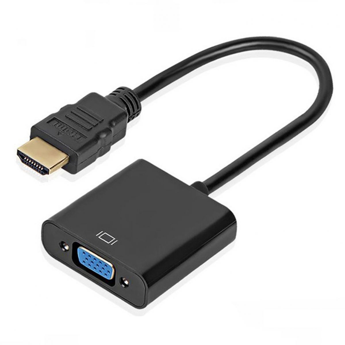 Schwarzes HDMI-zu-VGA-Adapterkabel. Das HDMI-Ende hat einen Goldstecker, während das VGA-Ende blau ist. Das Kabel ist gebogen.
