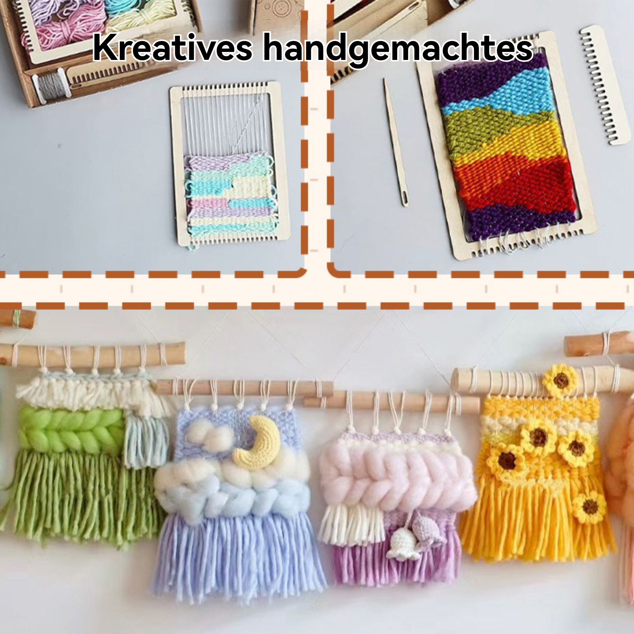Das Bild zeigt handgefertigte Webereien in Arbeit und fertige Wandbehänge. Die Farben reichen von Regenbogen bis Pastell und gelben Sonnenblumen.