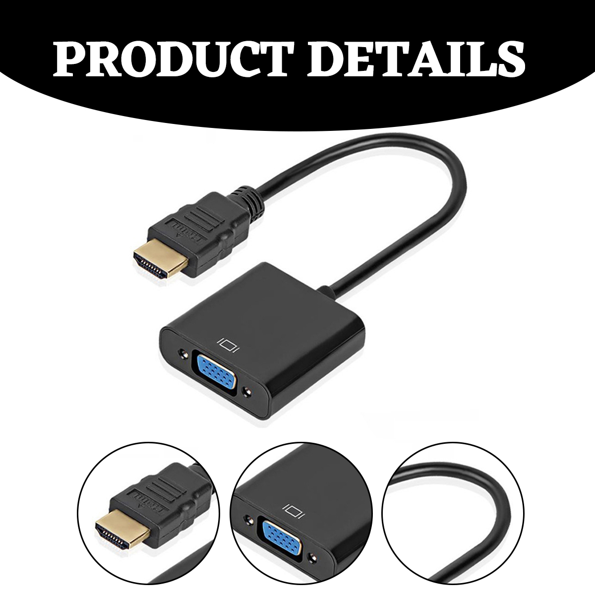 Ein HDMI-zu-VGA-Adapter. Schwarzer Adapter mit schwarzem Kabel. Oben ist HDMI, unten VGA. Details unten gezeigt.
