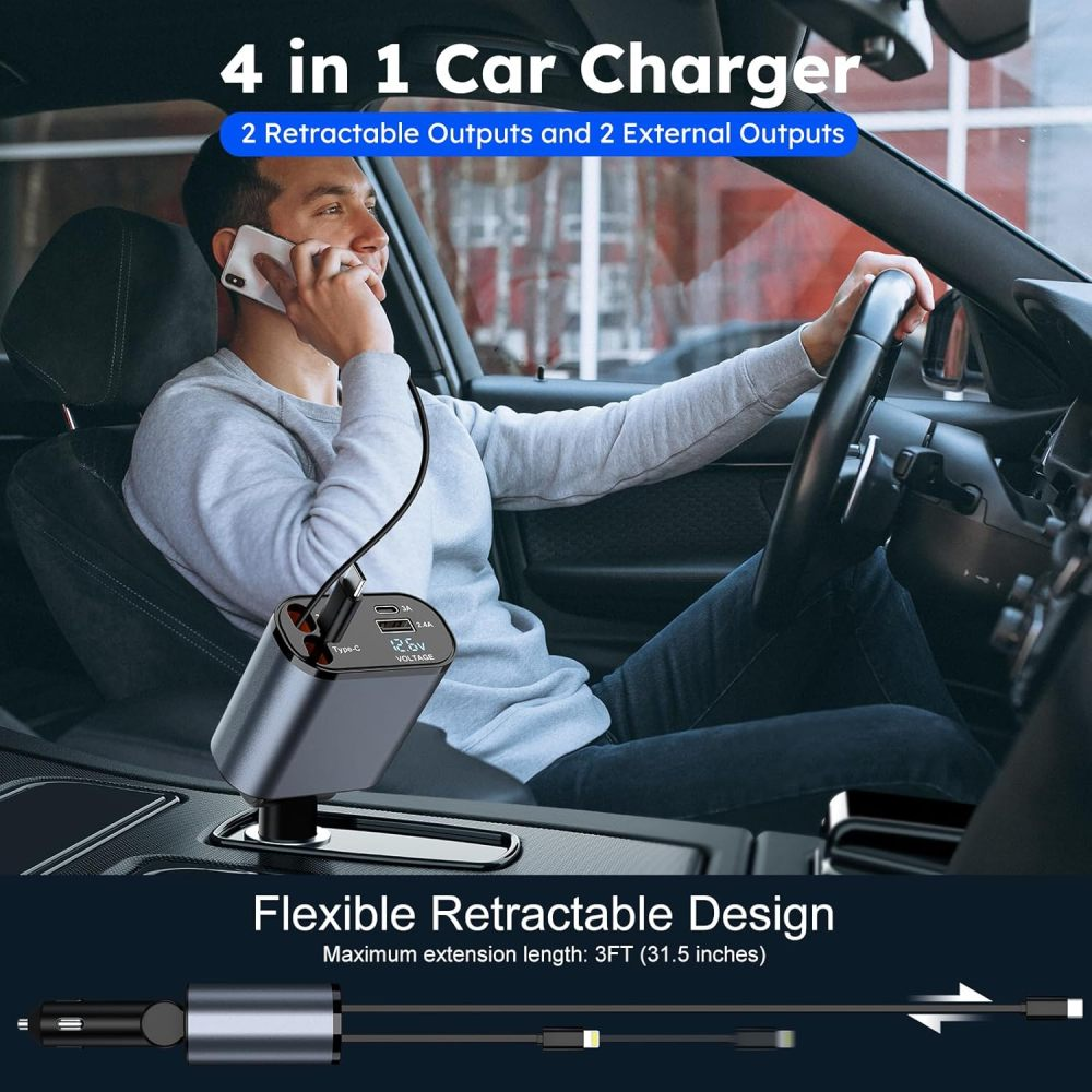 Ein Mann telefoniert im Auto. Ein 4-in-1-Autoladegerät mit Text und ein flexibles, einziehbares Kabel werden gezeigt.