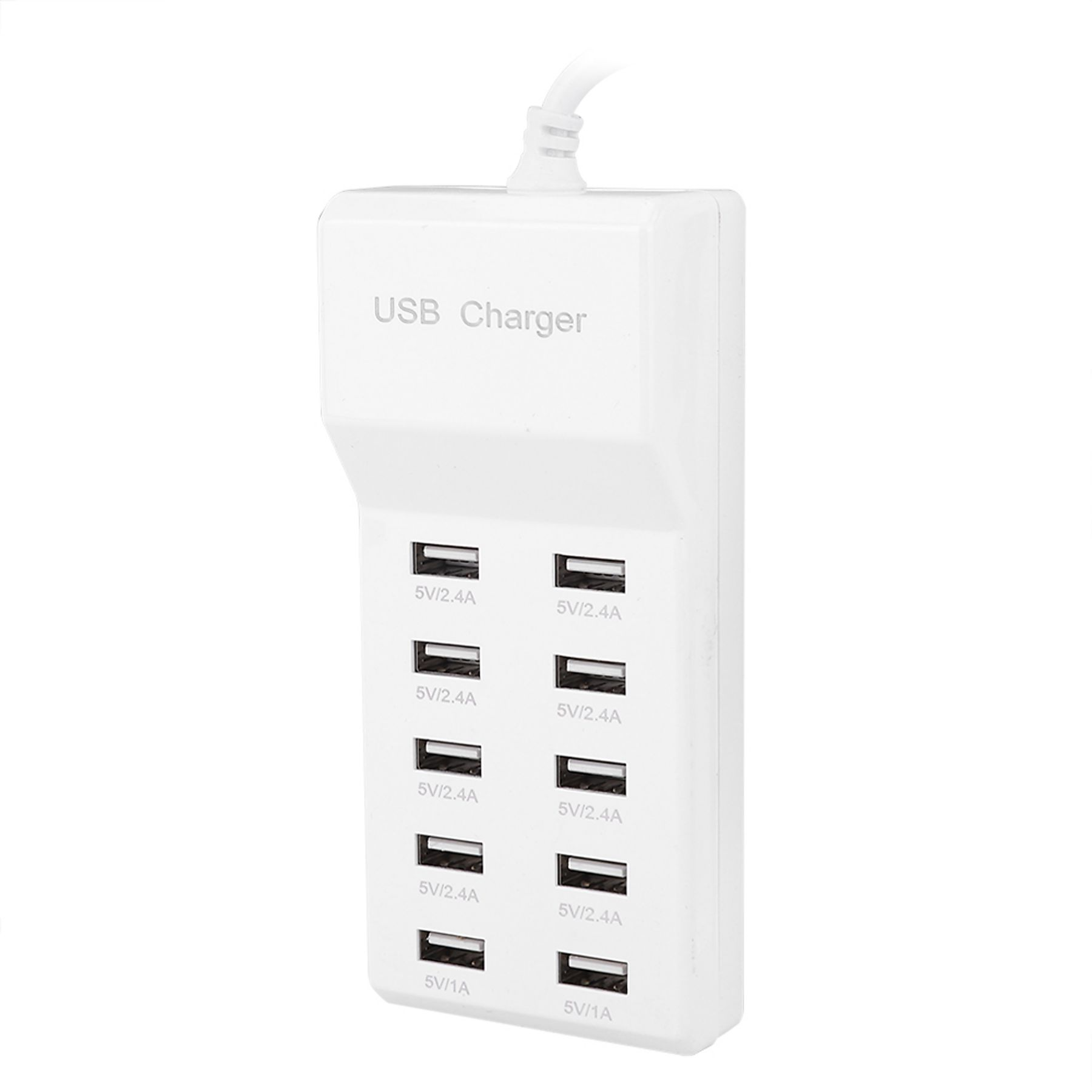 Ein weißes USB-Ladegerät mit mehreren Anschlüssen, die mit 5V/2,4A und 5V/1A beschriftet sind. Es hat ein Kabel.