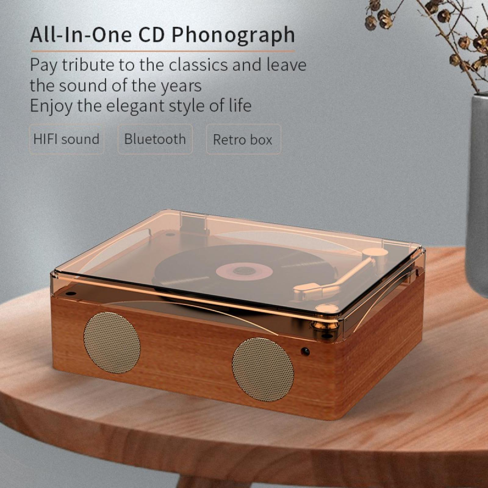Ein Holz-Phonograph mit klarer Abdeckung steht auf einem Holztisch. Er hat zwei Lautsprecher und Knöpfe mit der Aufschrift 'HIFI sound' und 'Bluetooth'.
