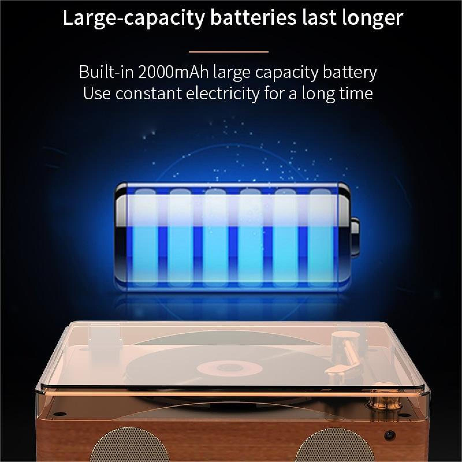 Das Bild zeigt eine Batterie mit blauen Balken über einem Holzplattenspieler. Text deutet auf eine lange Akkulaufzeit hin.