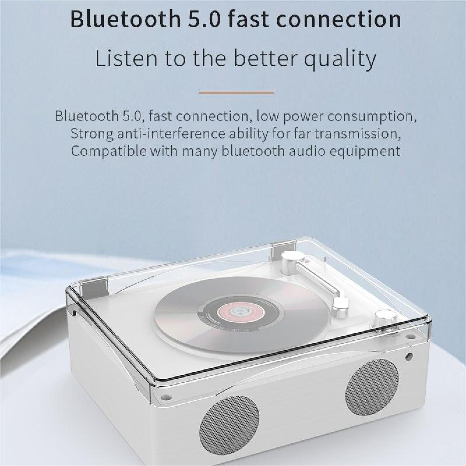 Ein weißer Bluetooth-Lautsprecher mit CD, transparentem Deckel und zwei Lautsprecherlöchern.