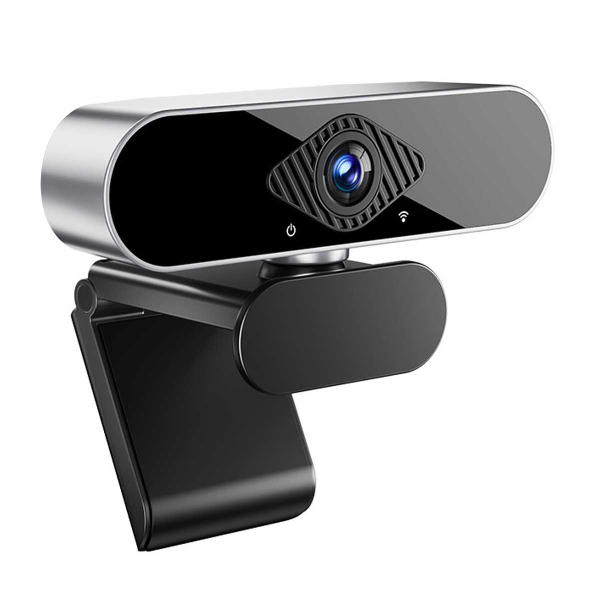 Eine schwarze und silberne Webcam mit Linse, Ein- / Aus-Taste und Wi-Fi-Symbol. Sie ist auf einem schwarzen, verstellbaren Ständer montiert.