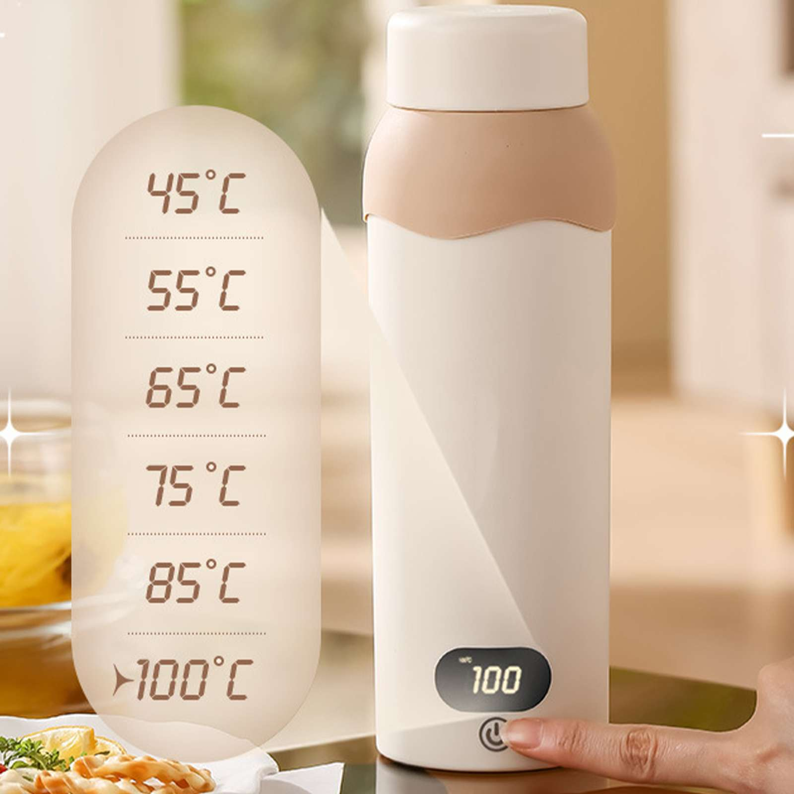 Eine cremefarbene Wasserflasche mit Temperaturanzeige. Temperaturen werden von 45°C bis 100°C angezeigt. Der Boden hat eine Digitalanzeige.