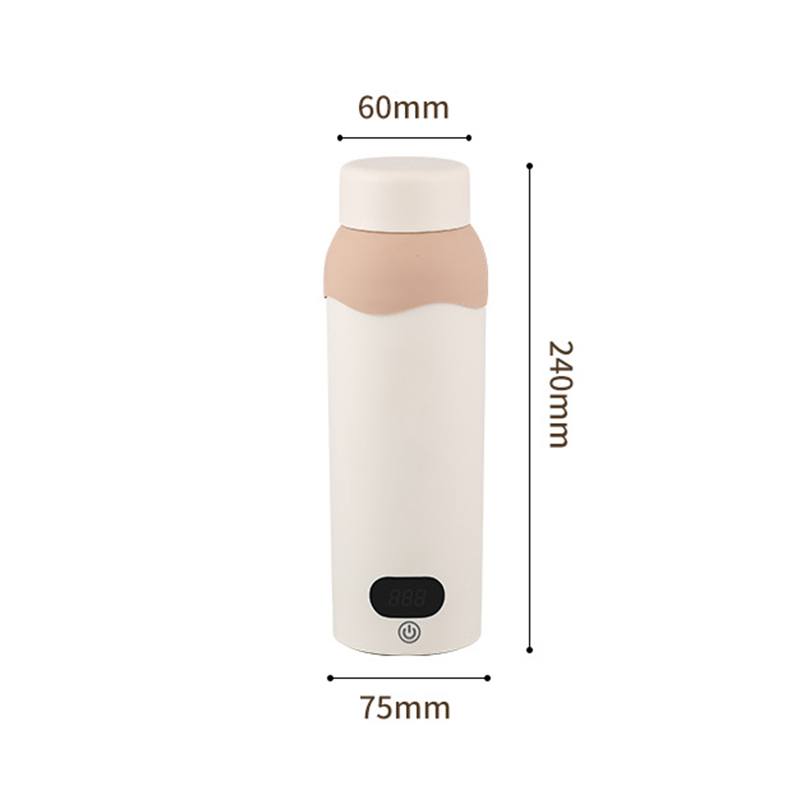 Ein weißer und hellbrauner elektrischer Reisekessel mit Maßangaben. 60 mm breit, 240 mm hoch und 75 mm breit.