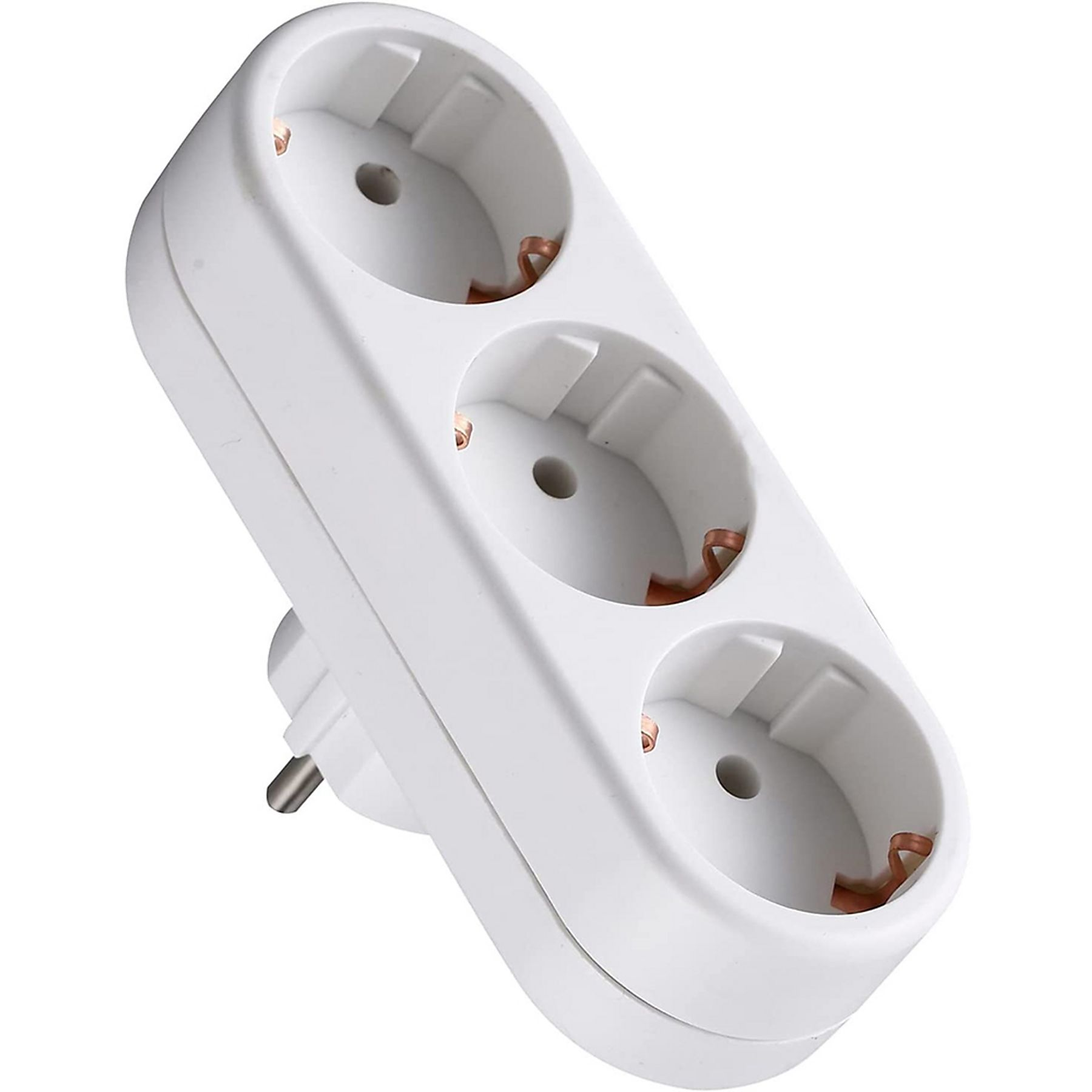 Ein weißer dreifacher Steckdosenadapter mit drei runden Steckdosen und einem Stecker.