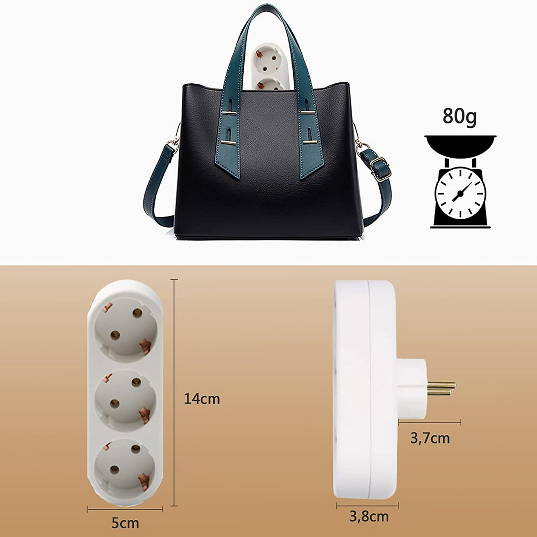 Schwarze Handtasche mit tealfarbenen Akzenten, weißer Steckerleiste und Adapter. Waage zeigt 80 g. Abmessungen der Leisten sind ebenfalls sichtbar.