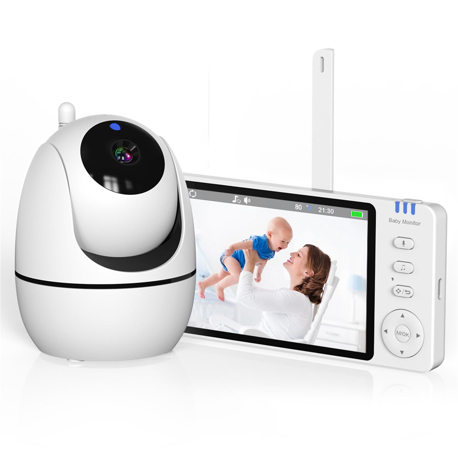 Babyphone mit weißer Kamera und Bildschirm, der eine Mutter mit Baby zeigt. Details auf dem Bildschirm: Uhrzeit und Akku.