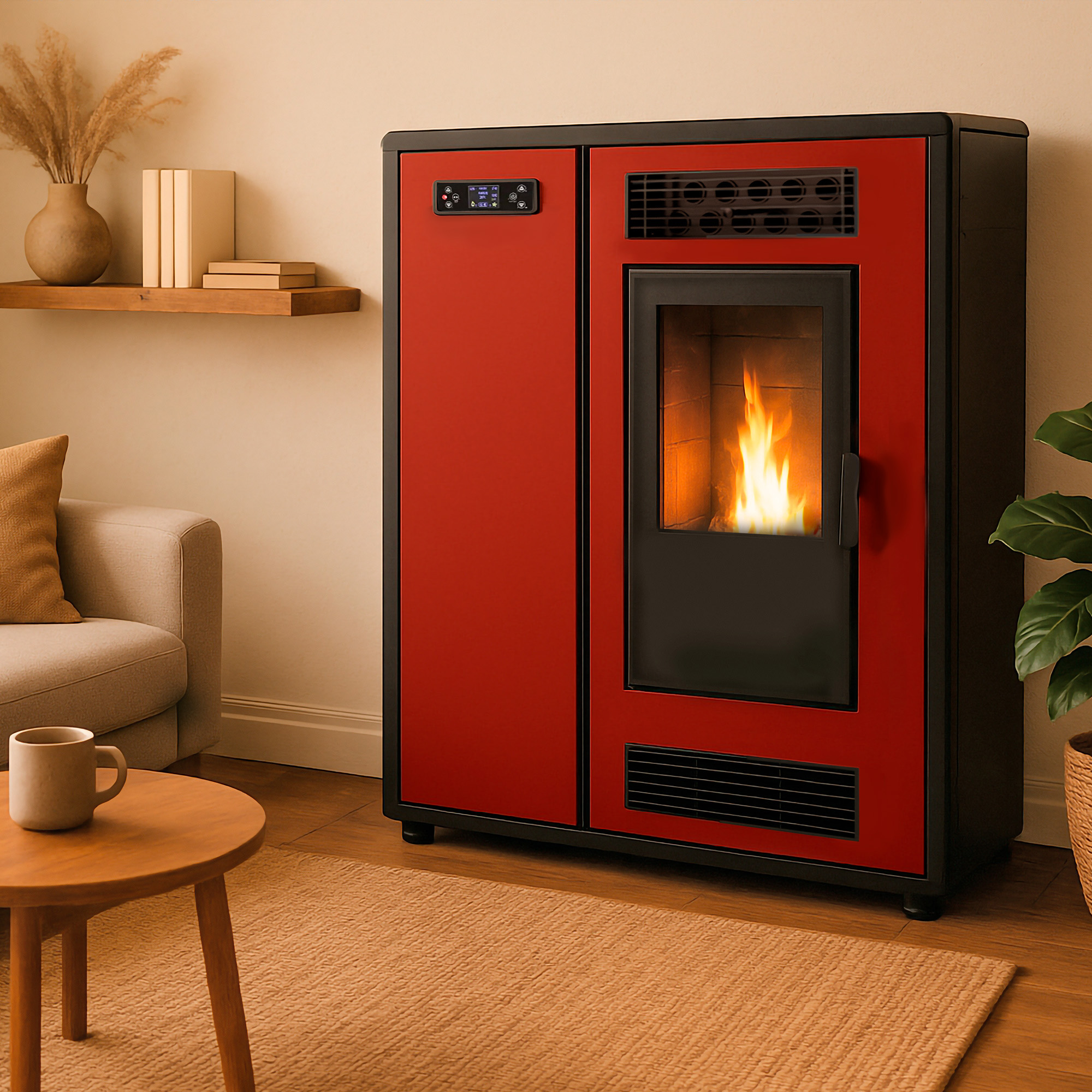 Ein roter Pelletofen mit sichtbarem Feuer. Ein Couchtisch, Sofa und Teppich befinden sich im Raum. Getrocknete Pflanzen und Bücher stehen auf einem Regal.