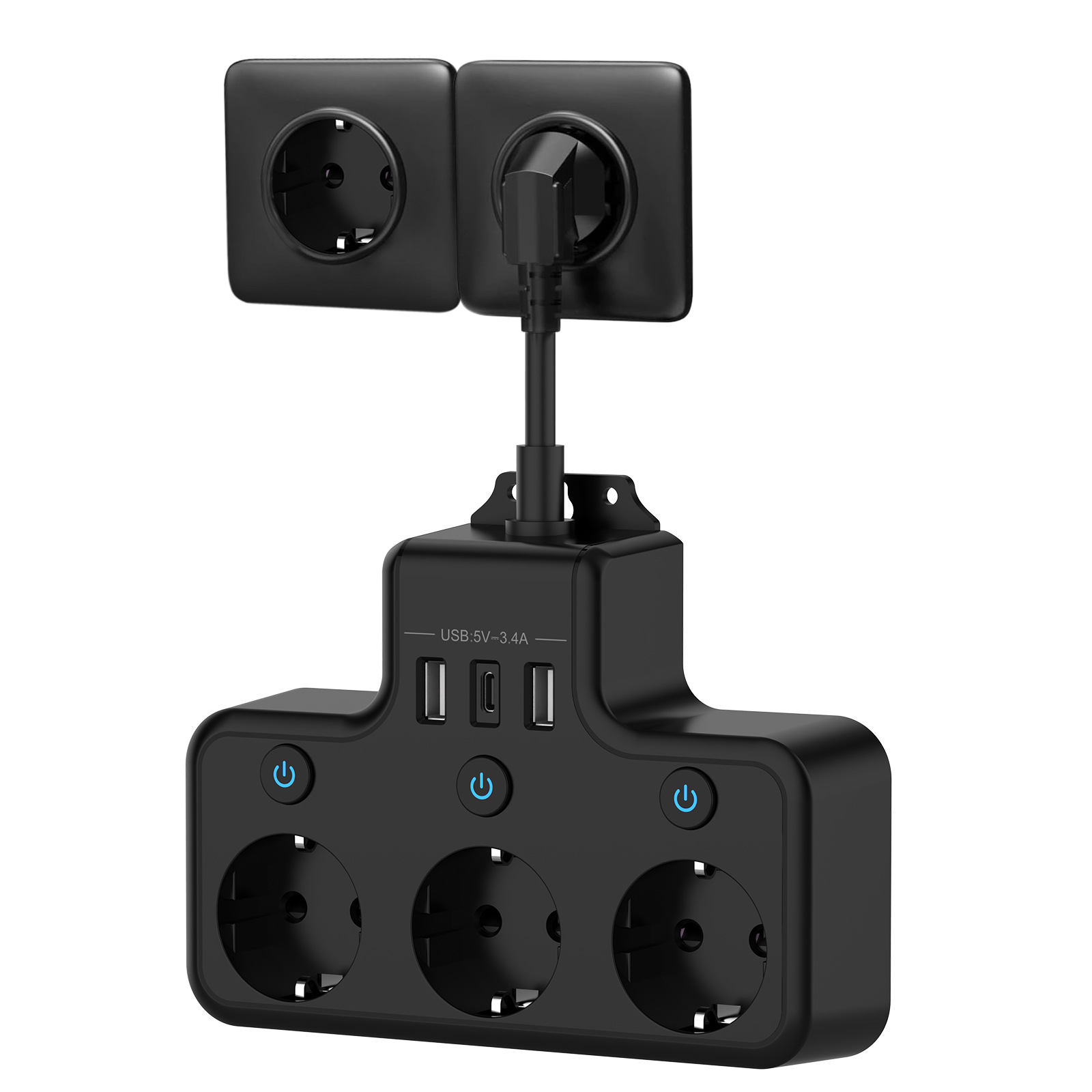 Schwarze Steckdosenleiste mit drei Steckdosen, USB-Anschlüssen und Netzschaltern. Zwei obere Steckdosen sind sichtbar, eine mit Stecker.