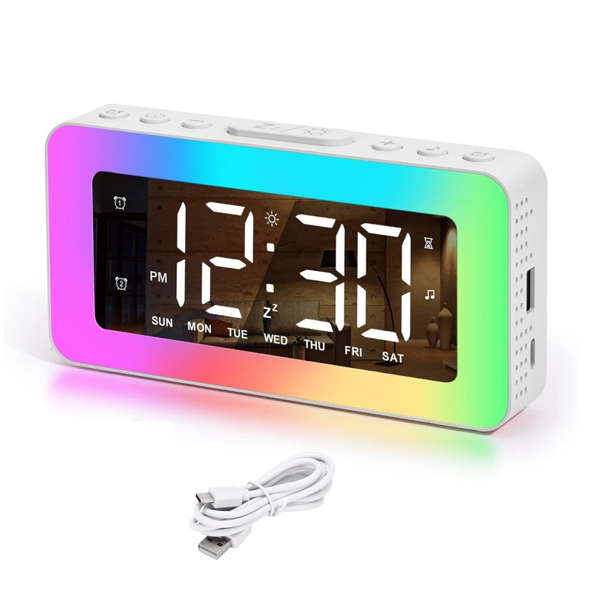 Digitaler Wecker mit Anzeige 12:30 PM. Er hat einen regenbogenfarbenen Rahmen und ein weißes USB-Kabel darunter.