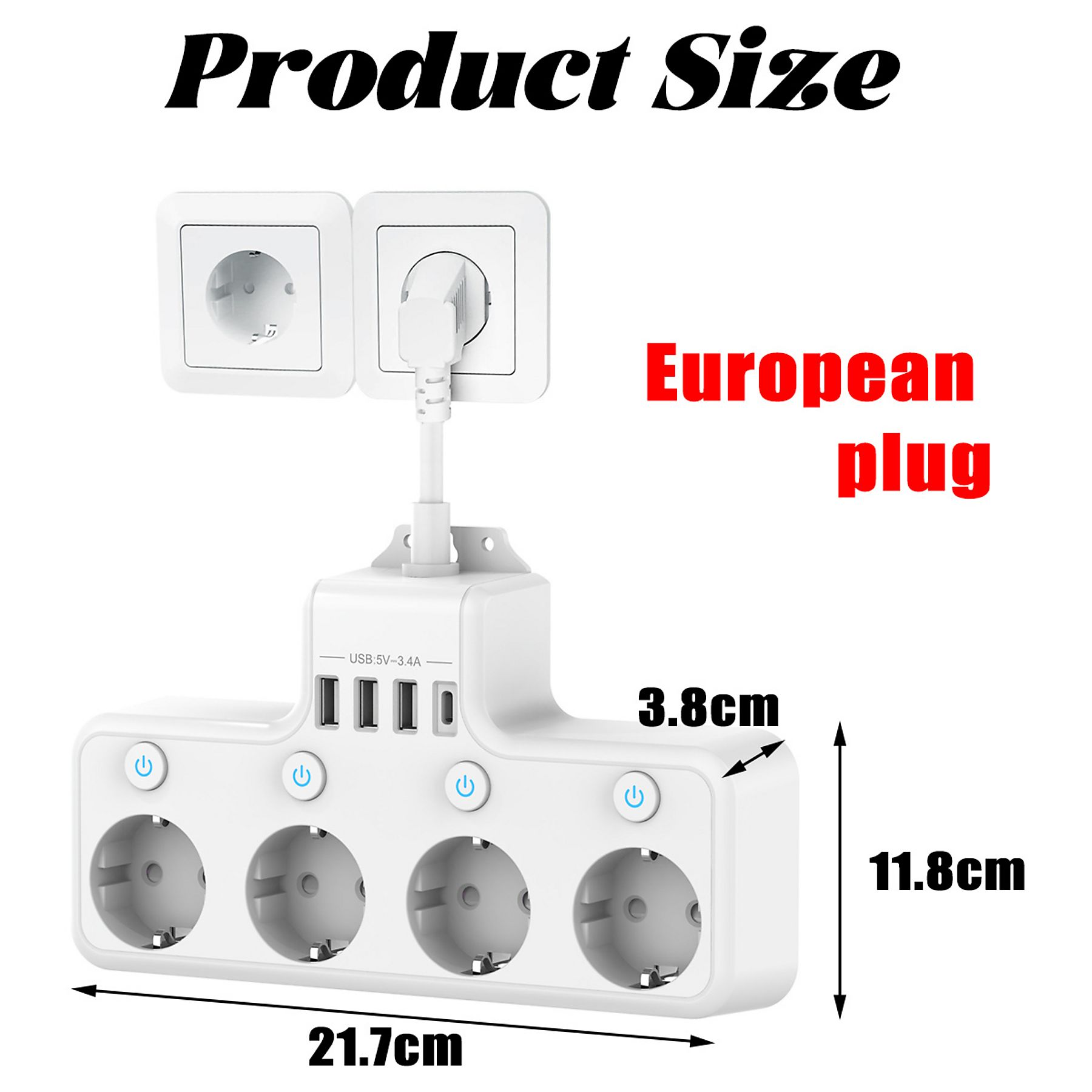 Weißer Mehrfachstecker mit Eurostecker und Abmessungen. Er hat mehrere Steckdosen, USB-Anschlüsse und Ein-/Aus-Schalter.