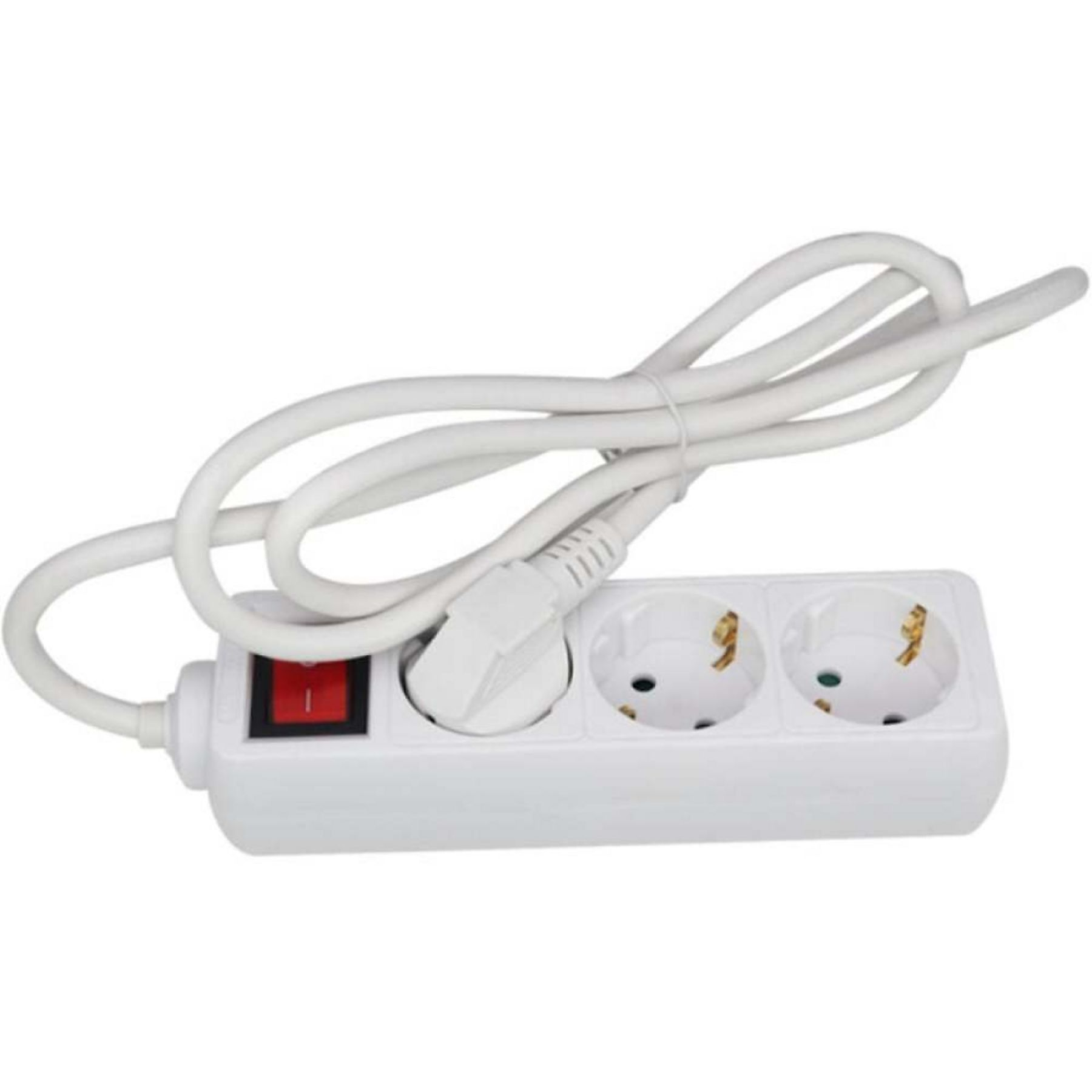 Weißer Steckerleiste mit drei Steckdosen, einem roten Schalter und einem weißen Netzkabel mit Stecker.