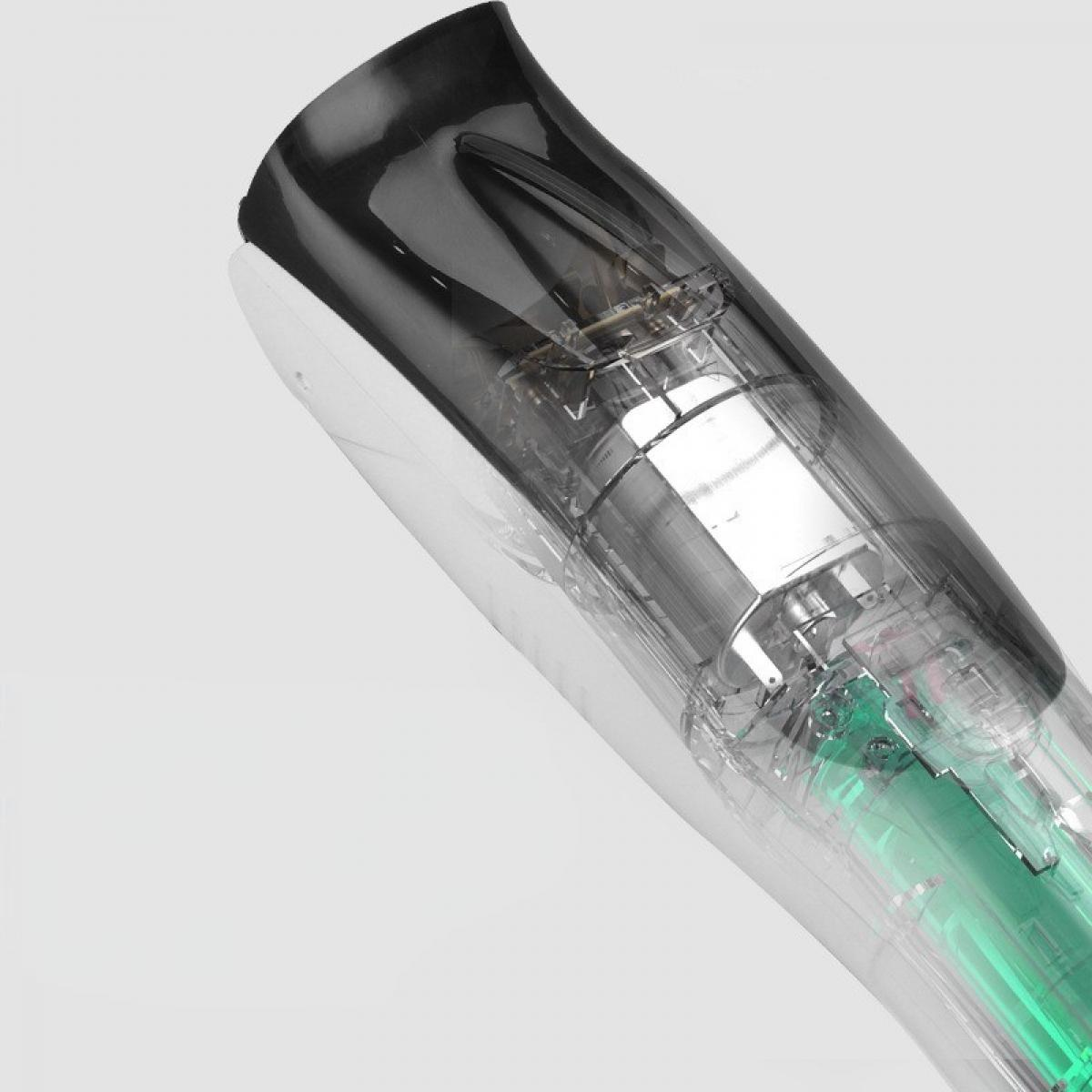Nahaufnahme eines transparenten, futuristischen Geräts mit grünen und silbernen Komponenten. Schwarze Oberseite, weißer Sockel, alles vor weißem Hintergrund.