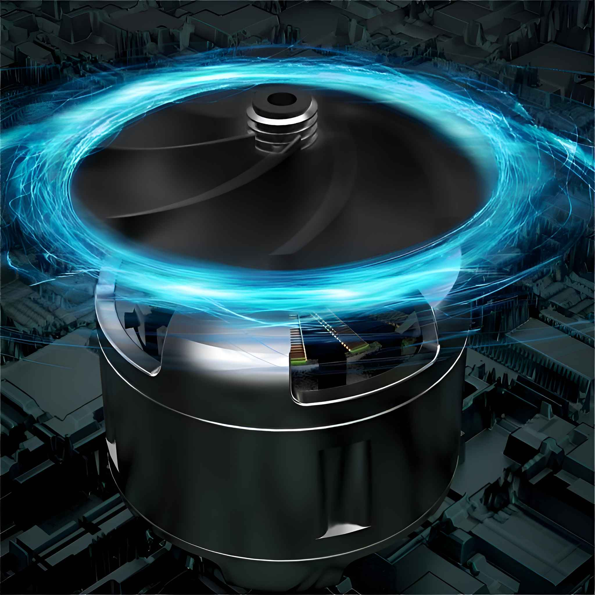 Eine schwarze Turbine mit blauem Energiefluss vor einem dunklen, technisch inspirierten Hintergrund.