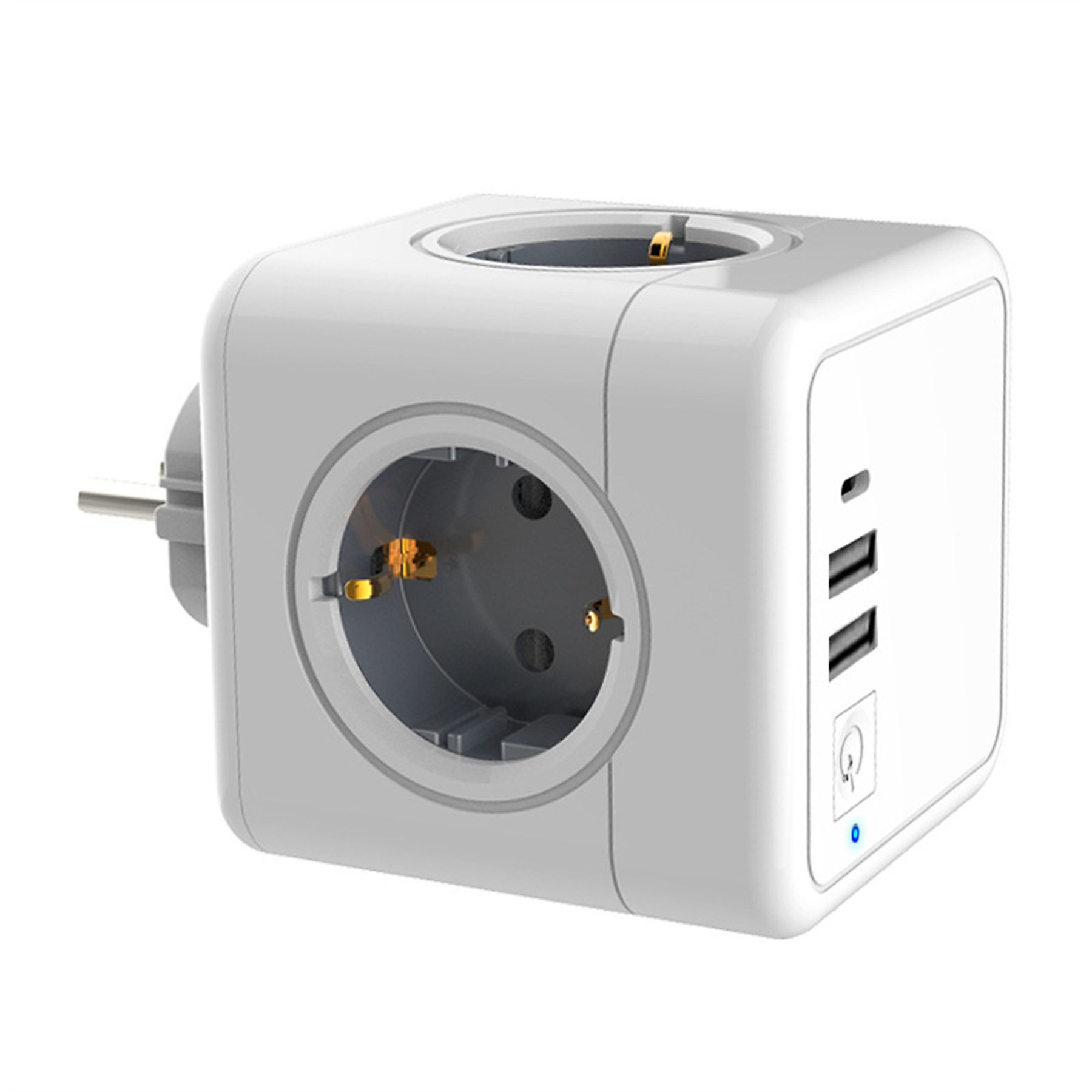 Weißer Würfel-Netzadapter mit mehreren Steckdosen, USB-Anschlüssen und einem Einschaltknopf. Er hat einen Stecker.