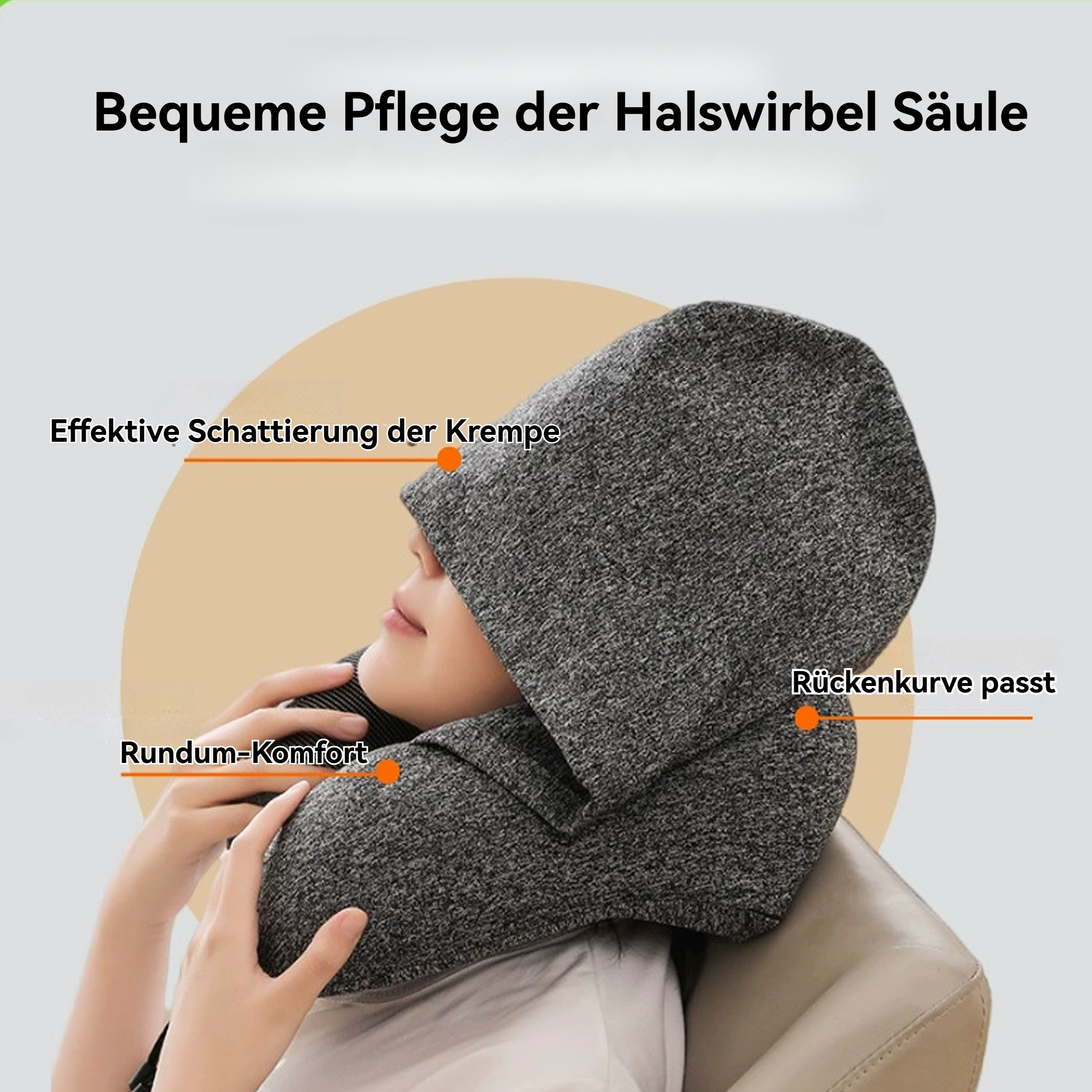 Eine Person trägt eine graue Nackenstütze. Deutsche Textbezeichnungen weisen auf die wichtigsten Merkmale des Produkts hin.