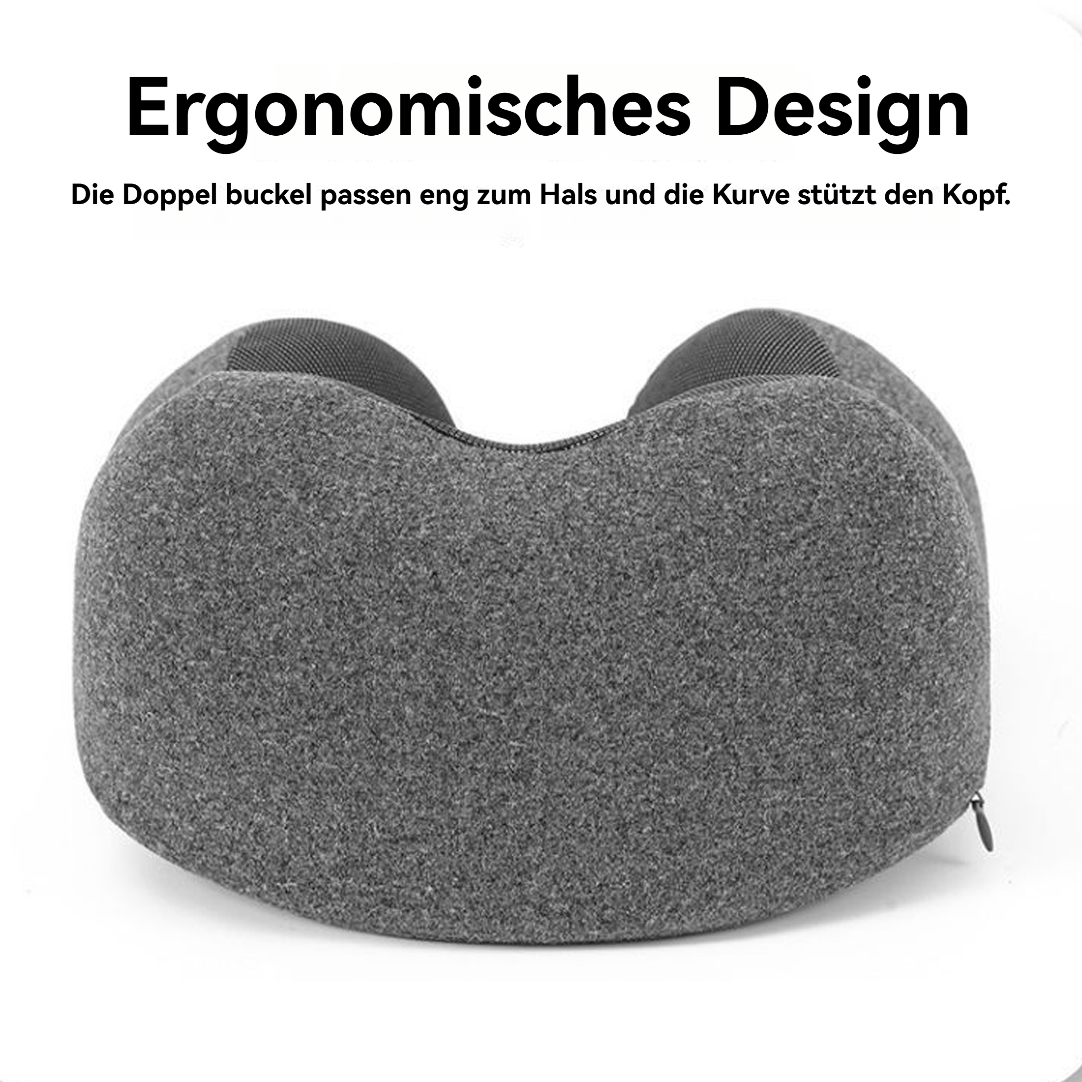 Ein graues ergonomisches Nackenkissen. Der Text oben lautet 'Ergonomisches Design'.