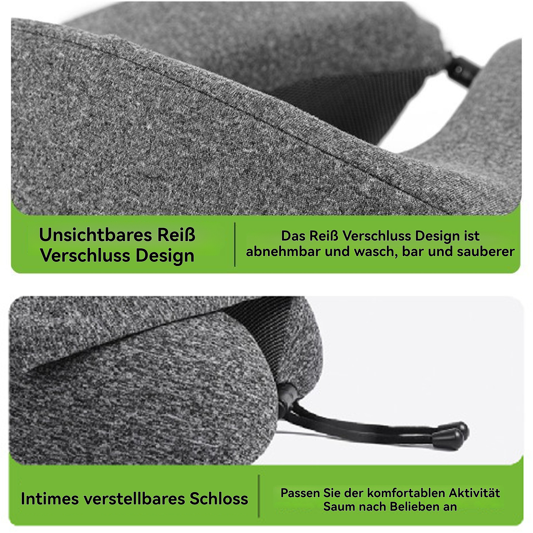 Nahaufnahme eines grauen Reisekissens mit Textbeschriftungen. Das Kissen hat ein Reißverschluss-Design, einen verstellbaren Verschluss.