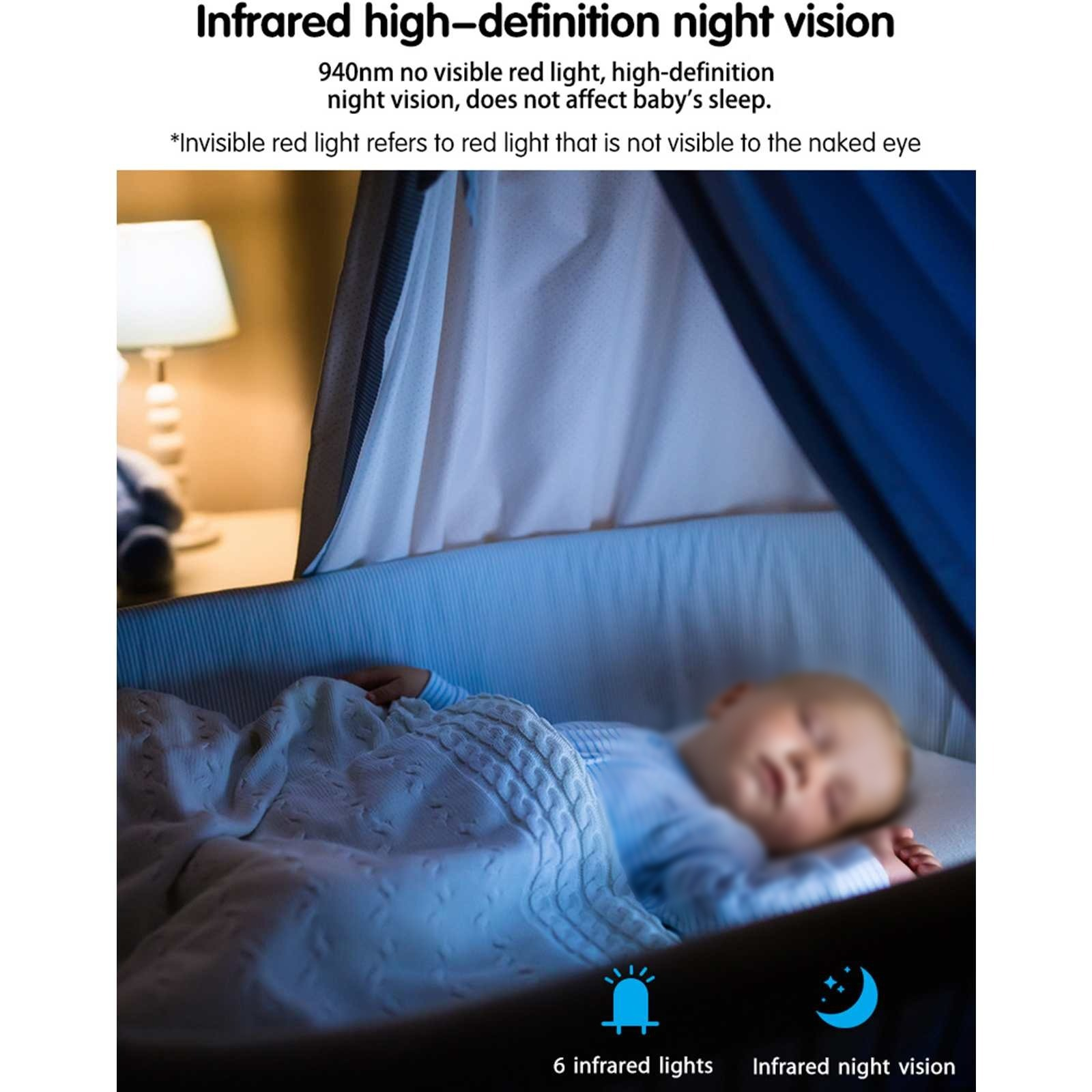 Ein Baby schläft in einem Kinderbett unter einer Decke. Das Bild zeigt eine Nachtsicht-Einstellung mit dem Text 'Infrarot-Nachtsicht'.