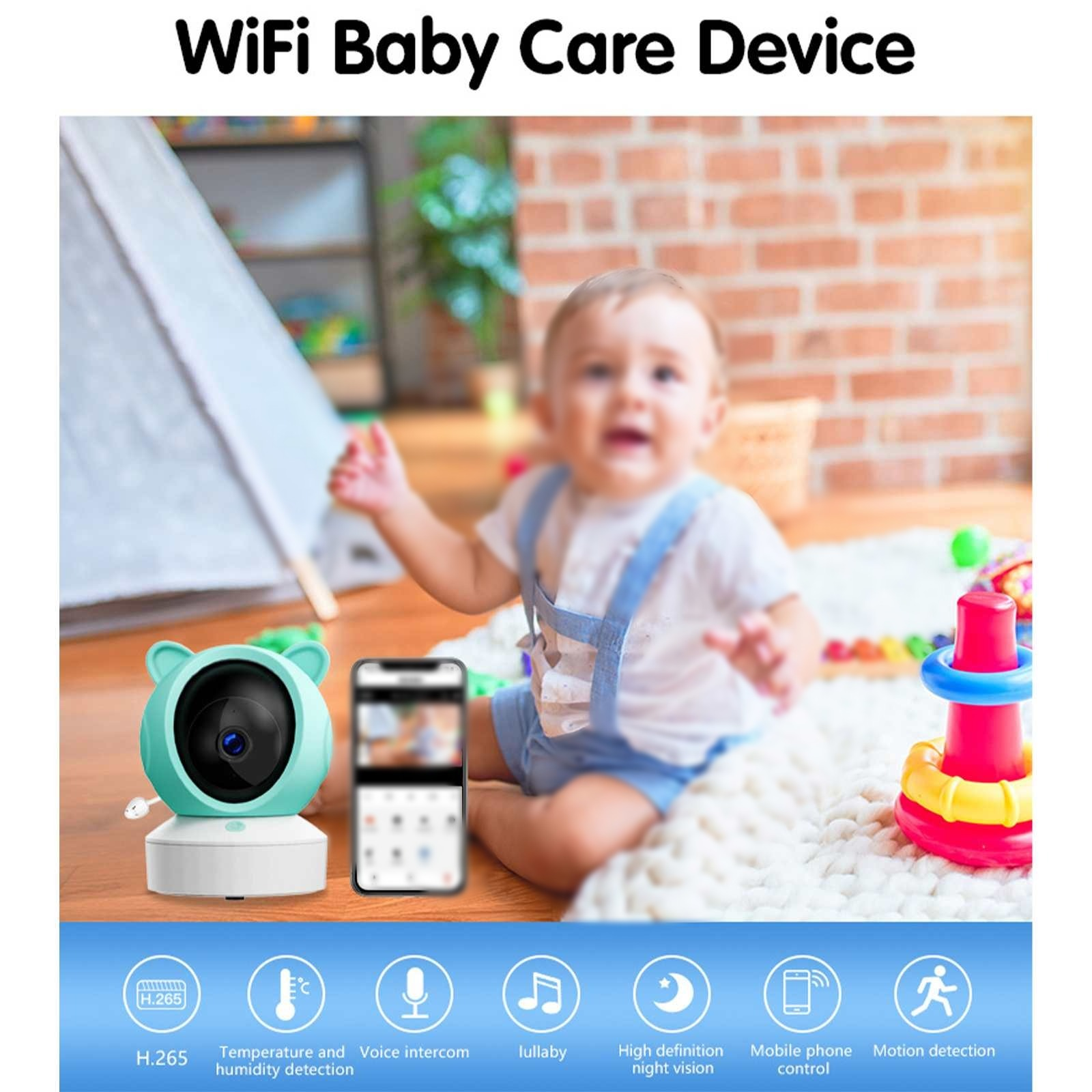 Babyphone, Baby im Hintergrund, auf einem weißen Teppich. Der Monitor ist bärenförmig und grün. Symbole zeigen Funktionen.