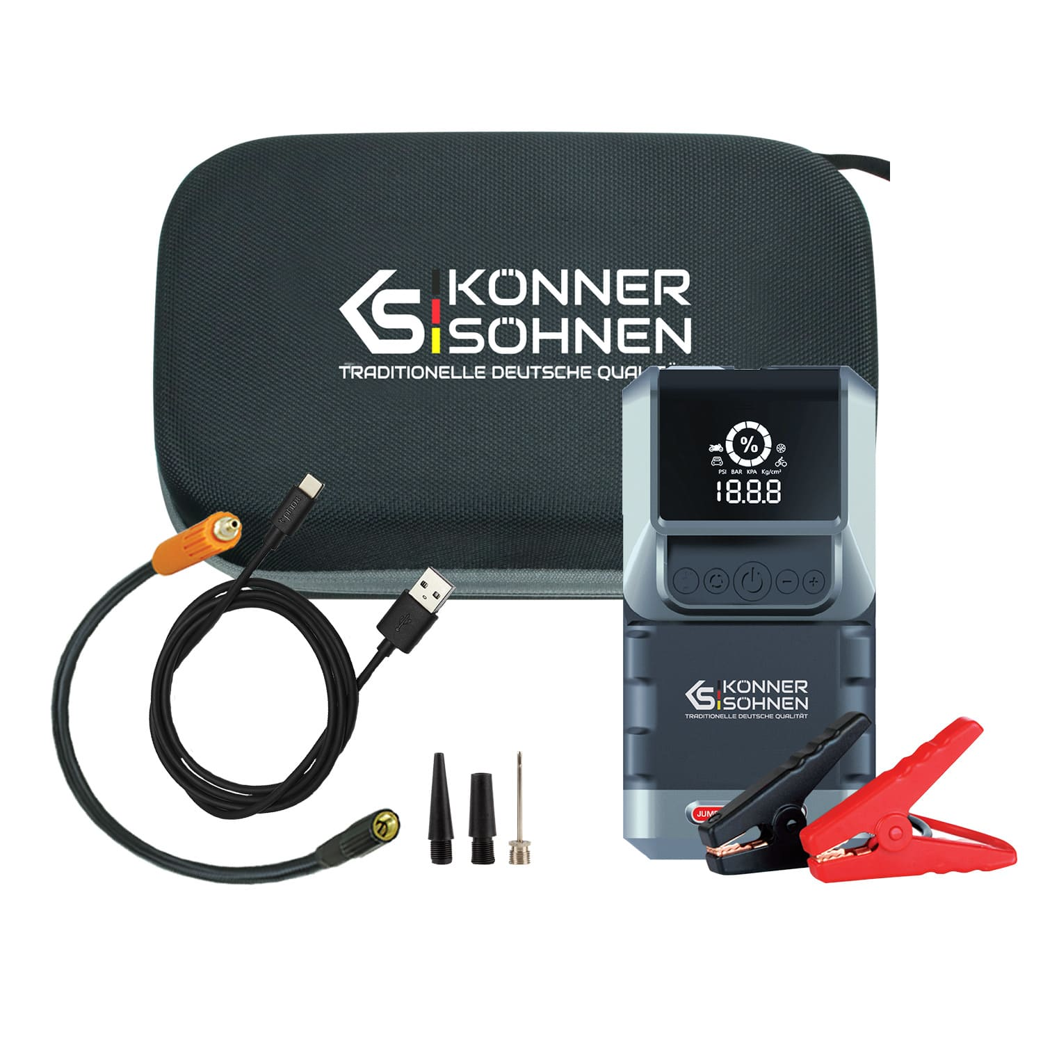 Ein Auto-Starthilfe-Kit mit schwarzem Gehäuse, Kabeln und einem Digitaldisplay, das PSI und andere Daten anzeigt.