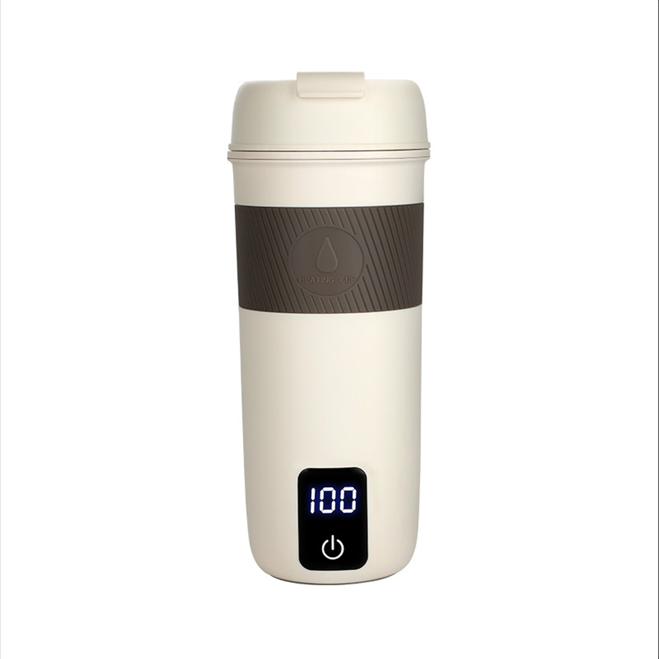 Creme- und brauner Reisebecher mit Digitalanzeige mit der Anzeige 100. Mit Deckel und Griff mit Heizbecher-Logo.
