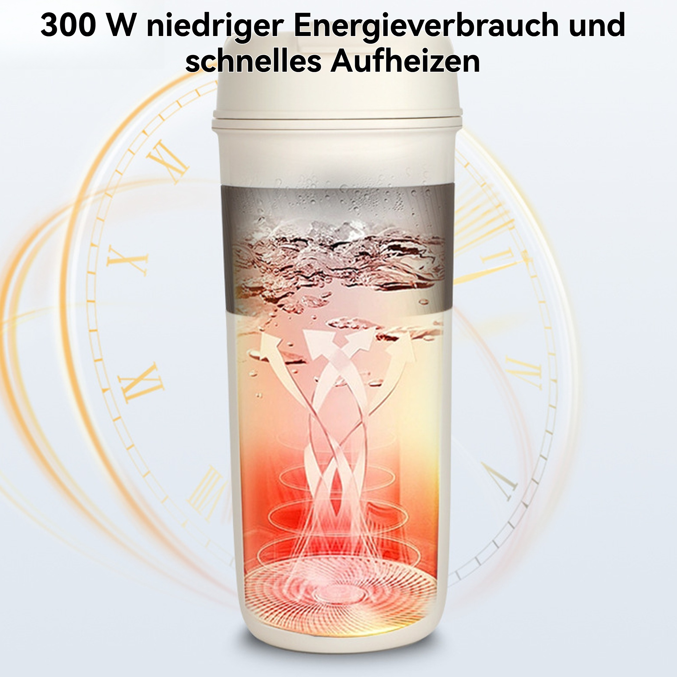 Illustration eines vertikalen Wasserheizers. Es zeigt aufsteigende Pfeile mit einem uhrähnlichen Hintergrund. Text oben: 300W niedrige Energie.
