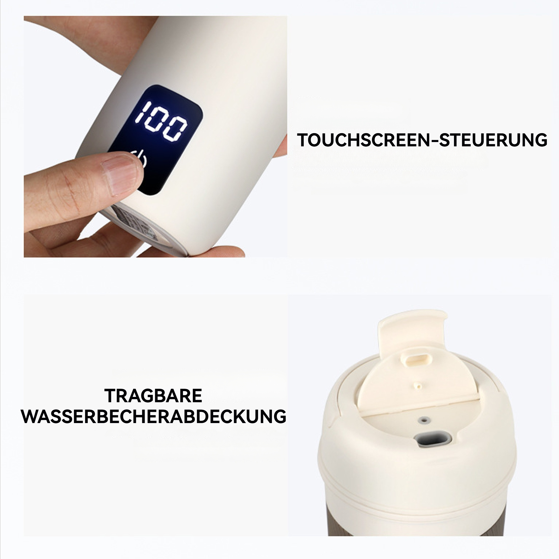 Ein weißer Reisebecher mit Touchscreen-Steuerung und Deckel, der '100' auf dem Bildschirm anzeigt. Teile des Bechers sind sichtbar.